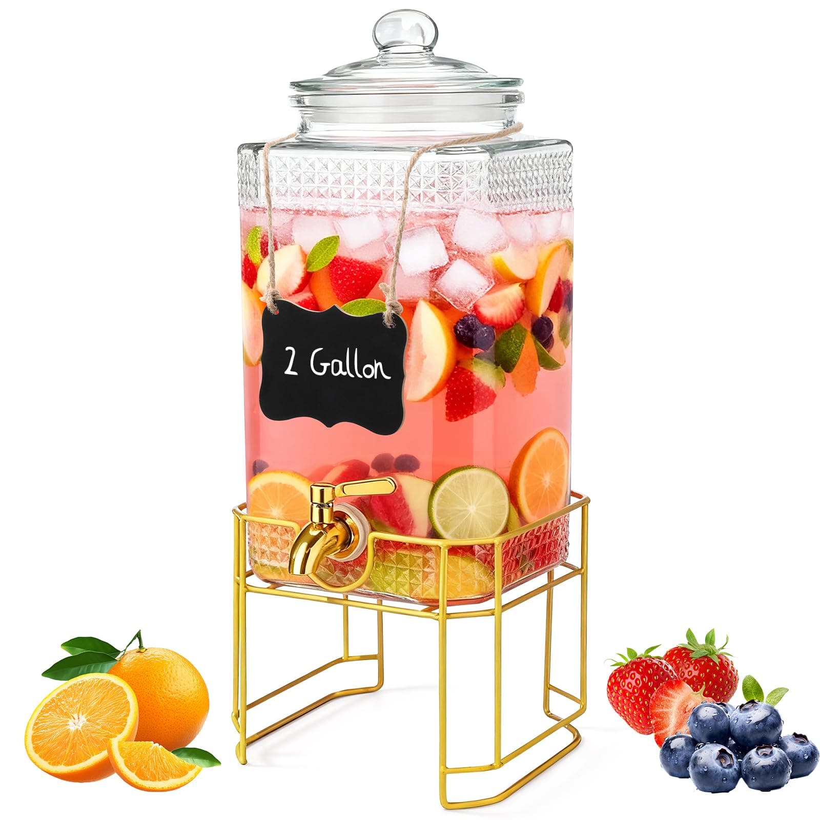 NutroLab Drink Dispenser for Parties with Stand – 2 Gallon Beverage Dispenser with 18/8 Gold Stainless Steel Leak-Proof Spigot and Glass Lid, Ideal for Tea, Juice, Lemonade, and Party Drinks