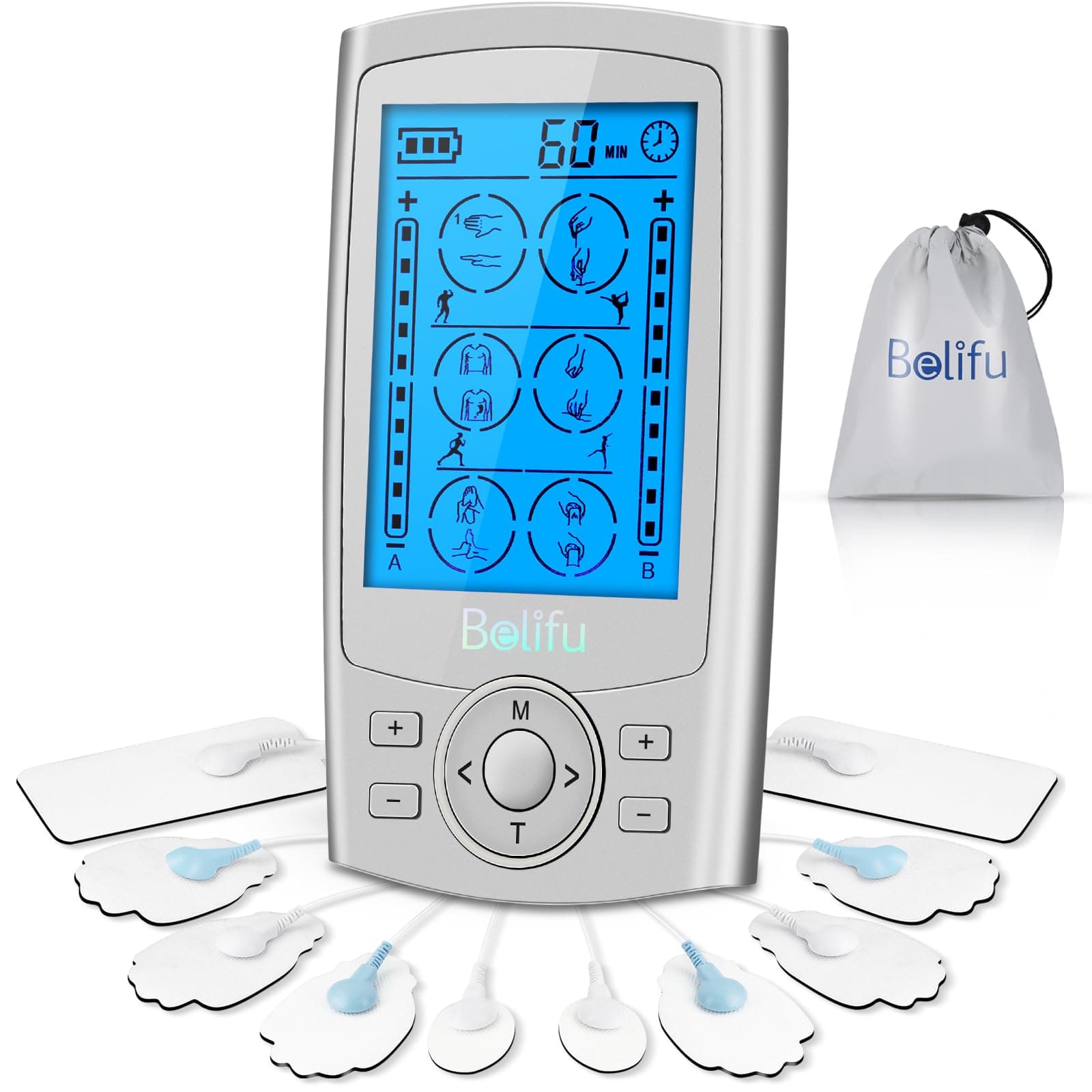 Belifu Dual Channel TENS EMS Unit 24 Modes Muscle Stimulator for Pain Relief Therapy, Electronic Pulse Massager Muscle Massager with 10 Pads, Dust-Proof Drawstring Storage Bag