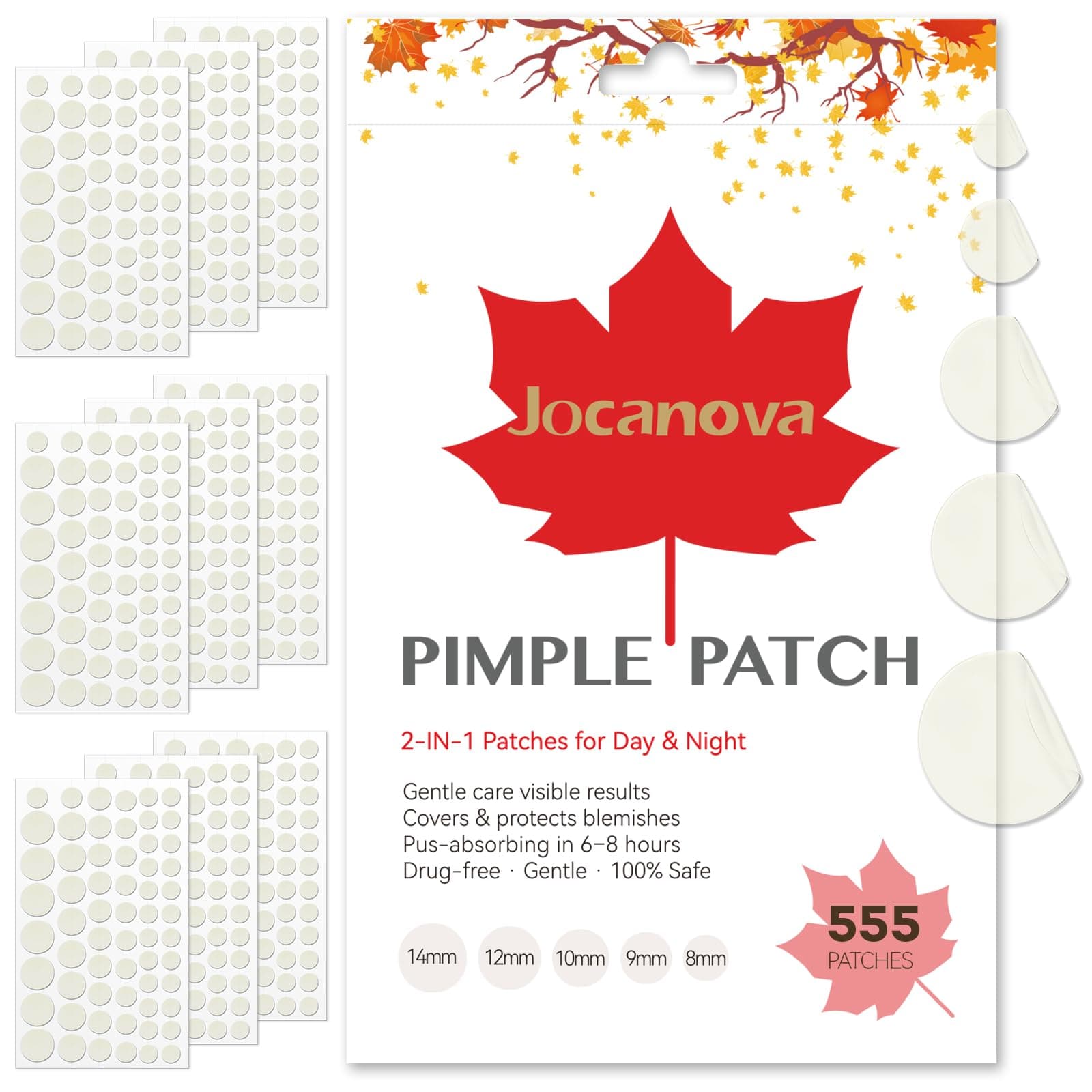 555 Count Pimple Patches, Hydrocolloid Patch for Face, 5 Sizes (8/10/12/14/16mm) – Invisible Round Blemish Patches, Zit Patches helps keep the skin clean
