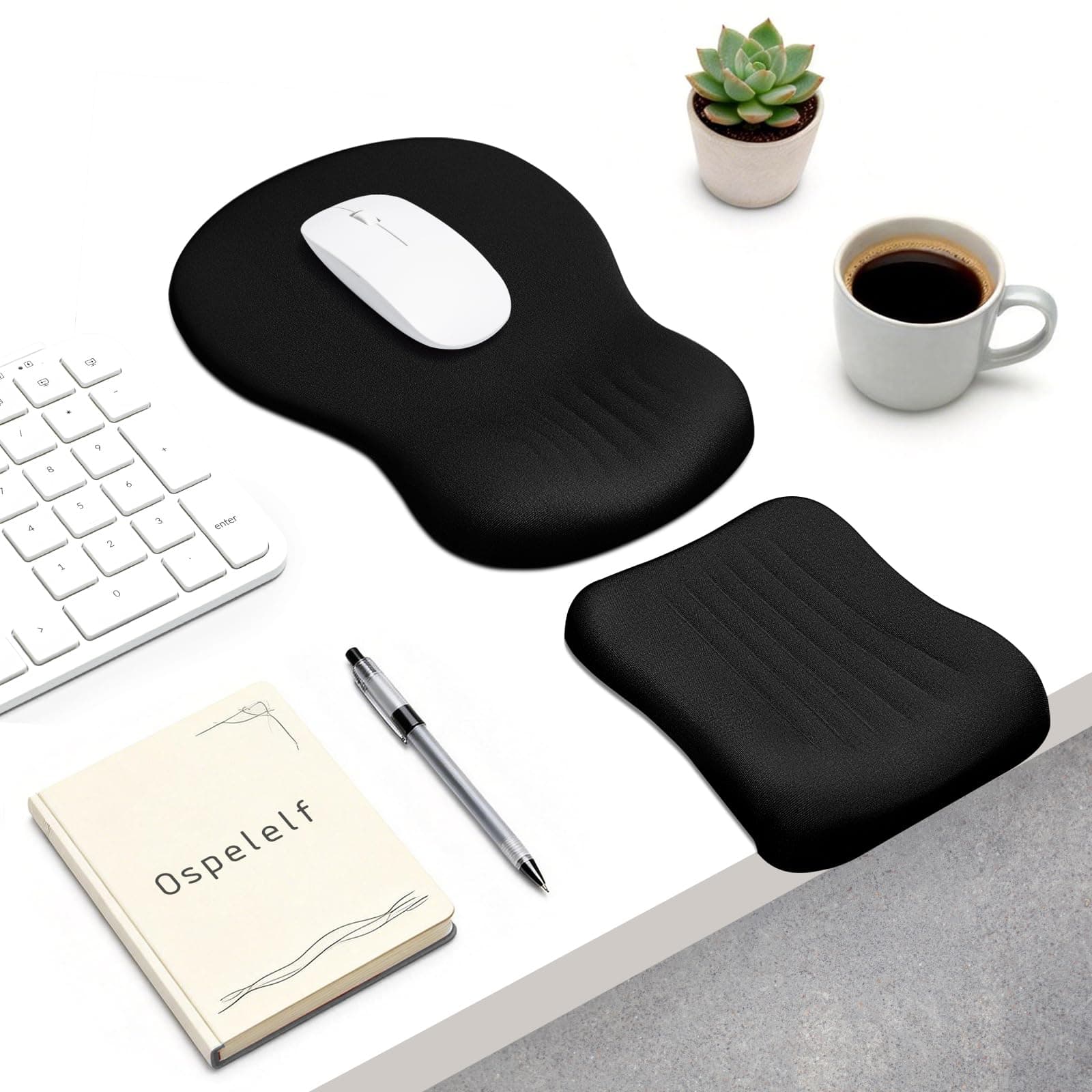 Ospelelf Mouse Pad with Wrist Rest Set Foam L-Shaped Desk Elbow Pad Ergonomic Desk Edge Cushion Anti-Slip Rubber Bottom Office Women Desk Accessories for Computer, Laptop and Gaming, Black