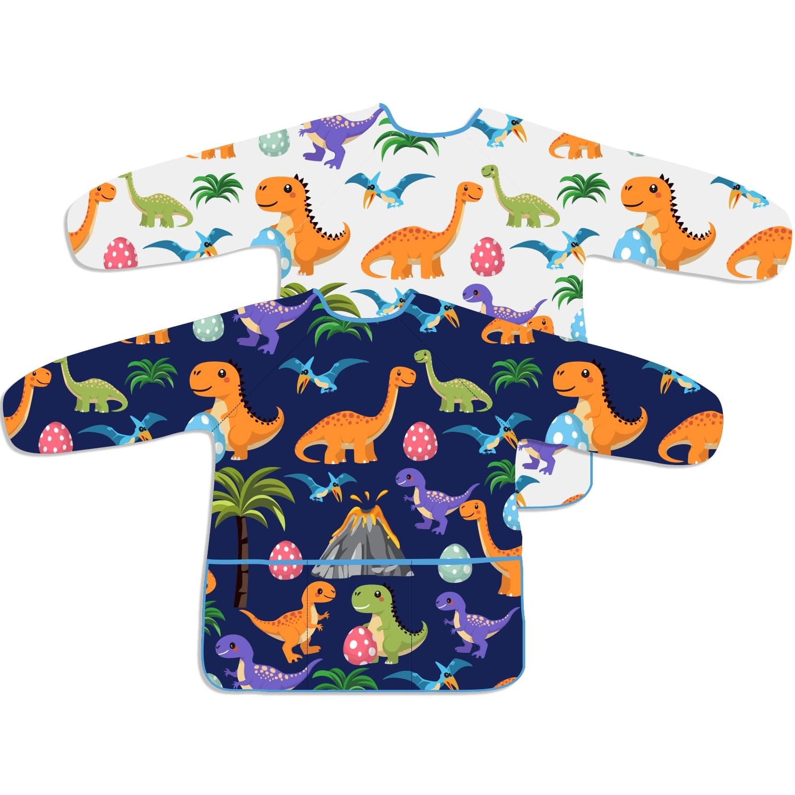 BOUBONI 2 Pcs Kids Art Smock Painting Toddler Smock Long Sleeve with 3 Pockets for Kids Art Painting Activity Kitchen Crafts (White, Dark-blue)