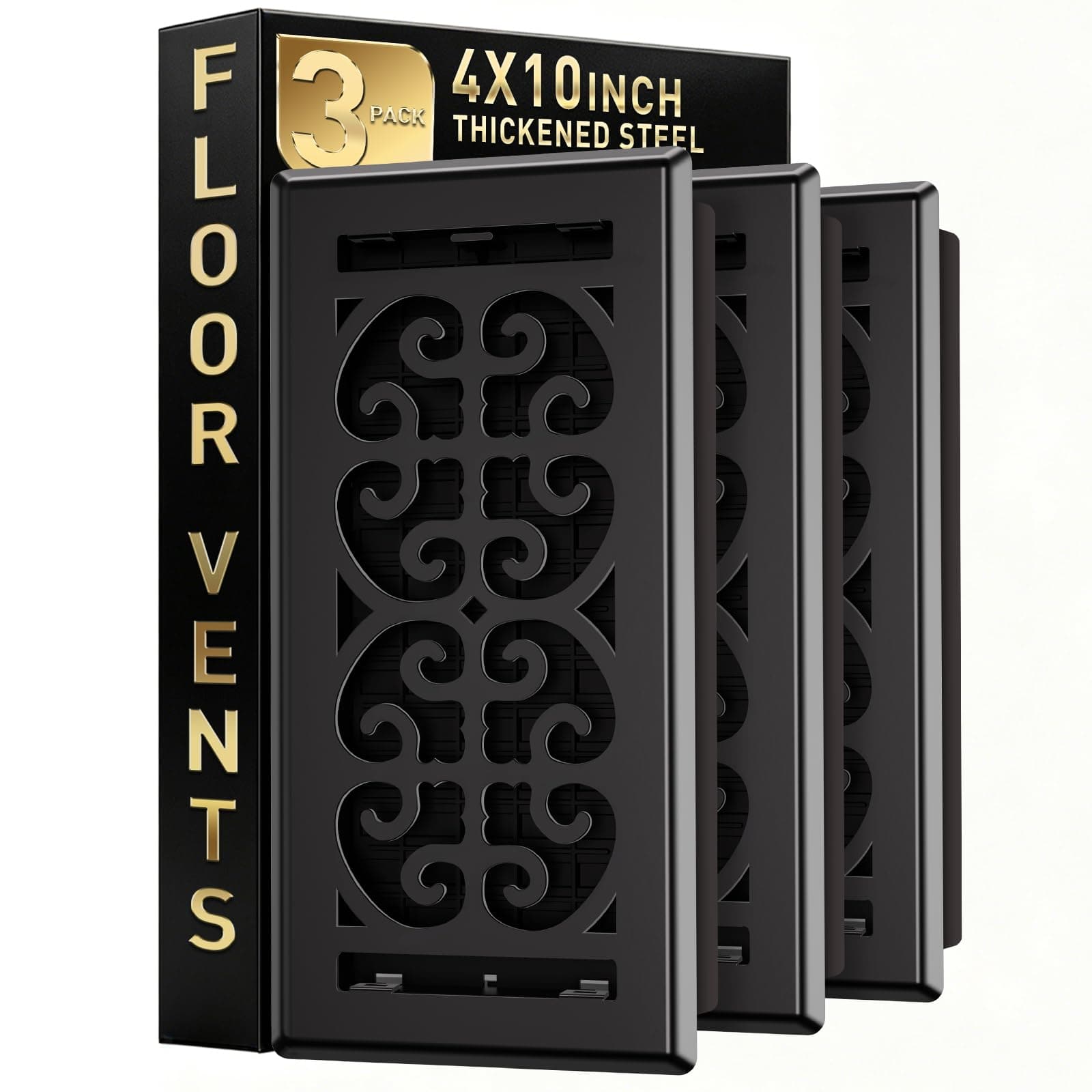 4x10 Floor Register, 3-Pack Black Floor Vent Covers, Thicker Metal