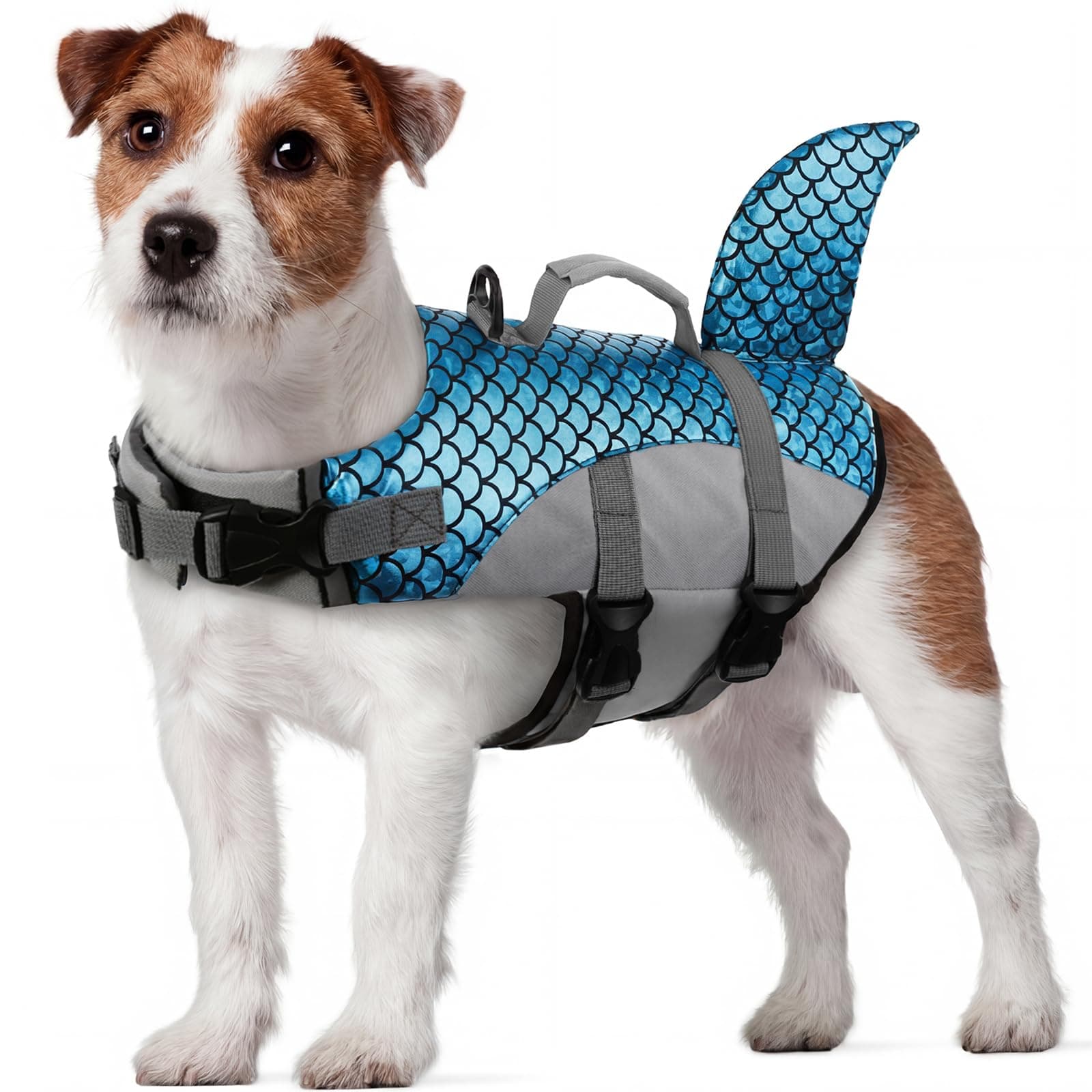 kuoser Dog Life Jacket, High Flotation Dog Life Vest for Swimming, Boating and Water Safety, Shark Puppy Swimsuit Ripstop Pet Lifesavers with Durable Lift Handle, Blue XS