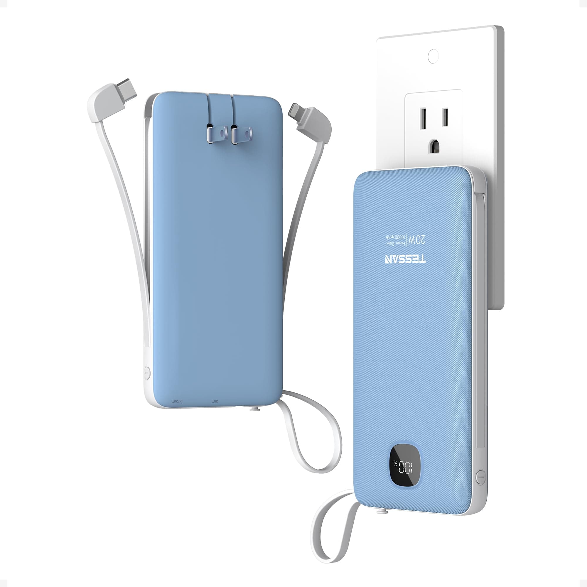 TESSAN Portable Charger with Built in Cables, 10000mAh Power Bank Wall Plug