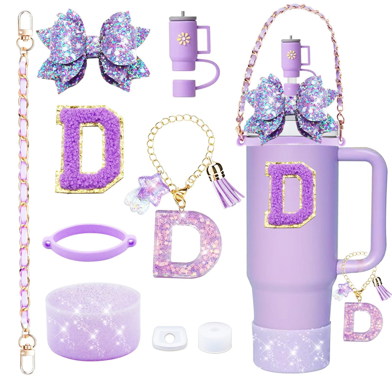9PCS Bling Stanley Cup Accessories for 30oz & 40oz Tumbler with handle,Including Initials Charm,Leather Handle Strap,Straw Bow Decorate,Straw Topper,Boot,Spill Proof Stopper,Sticker(Purple D)