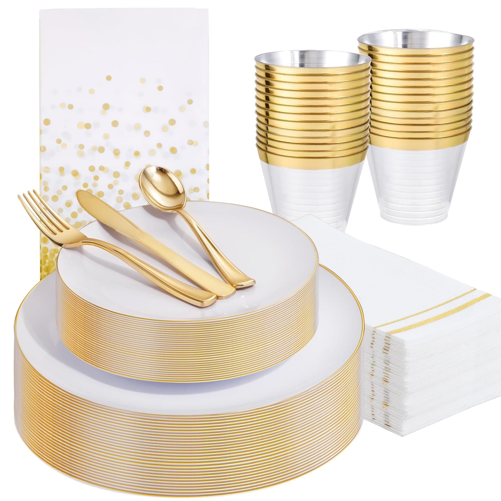 Festiva 175PCS White and Gold Plastic Plates - White with Gold Rim Fall Dinnerware Set - 25Guest include Plates Cups Cutlery Napkins for Birthday Party&Wedding& Thanksgiving