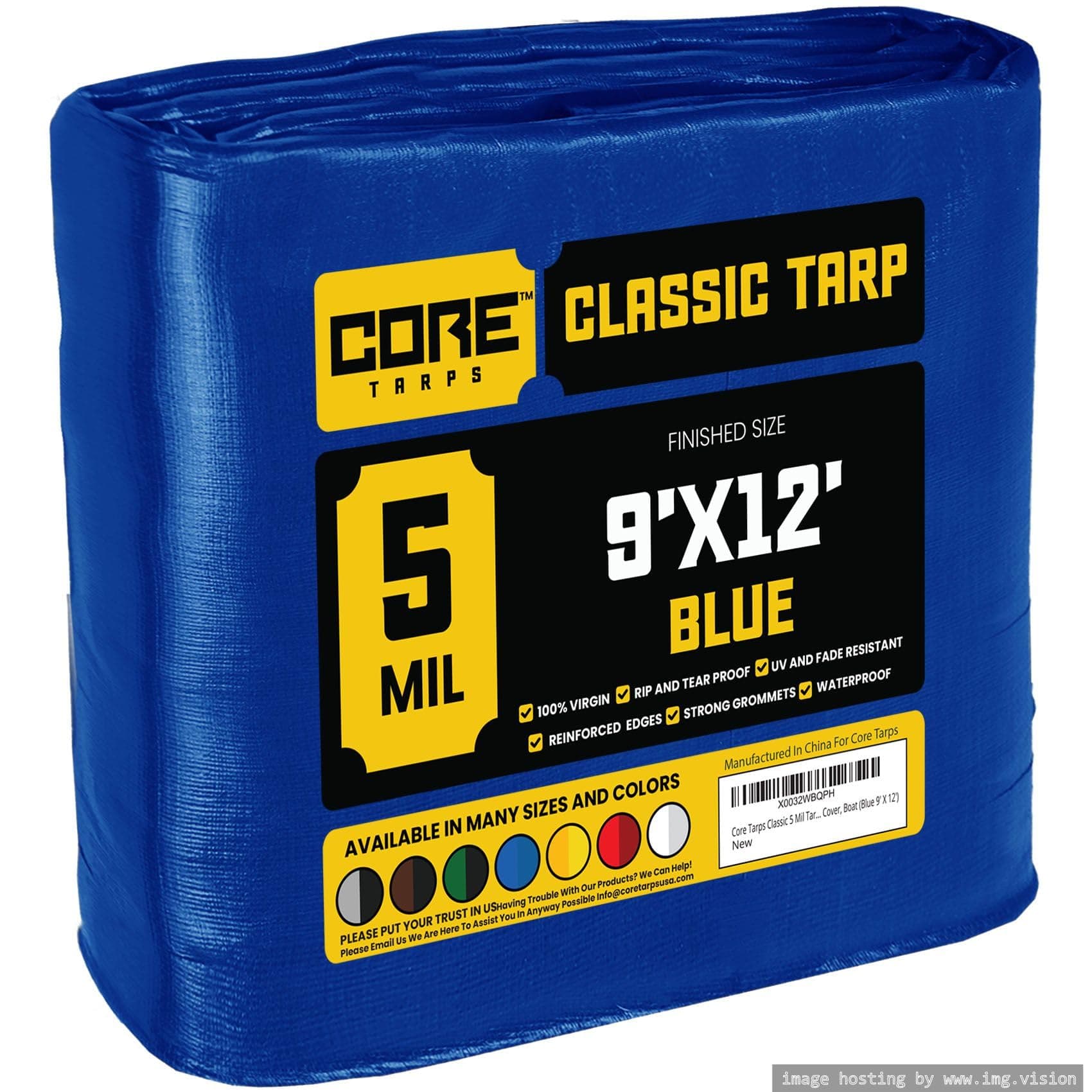 Core Tarps Classic 5 Mil Tarp Cover, Waterproof, UV Resistant, Rip and Tear Proof, Poly Tarpaulin with Reinforced Edges for Roof, Camping, Patio, Pool Cover, Boat (Blue 9′ X 12′)