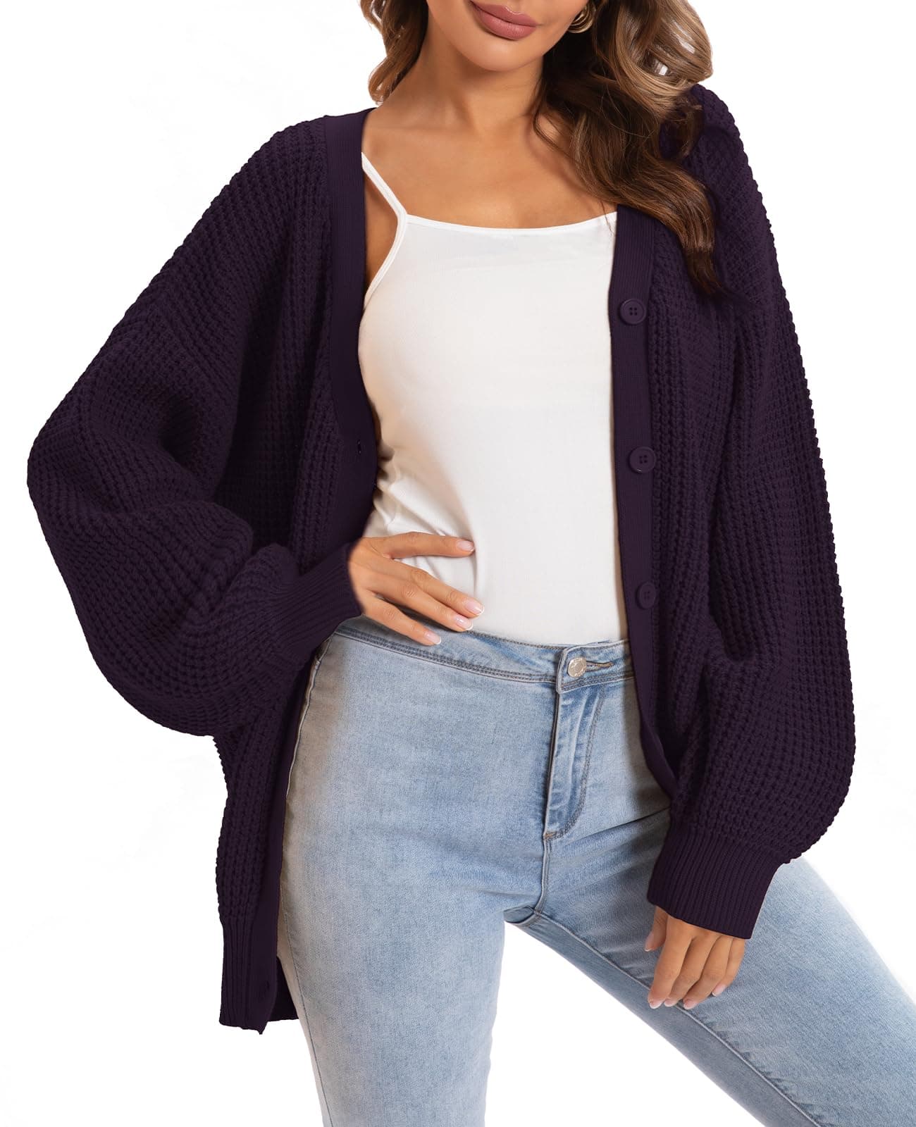 QUALFORT Cardigan Sweaters for Women 100% Cotton Button-Down Oversized Knit Outerwear Fall Tops for Women 2026, Dark Purple, L