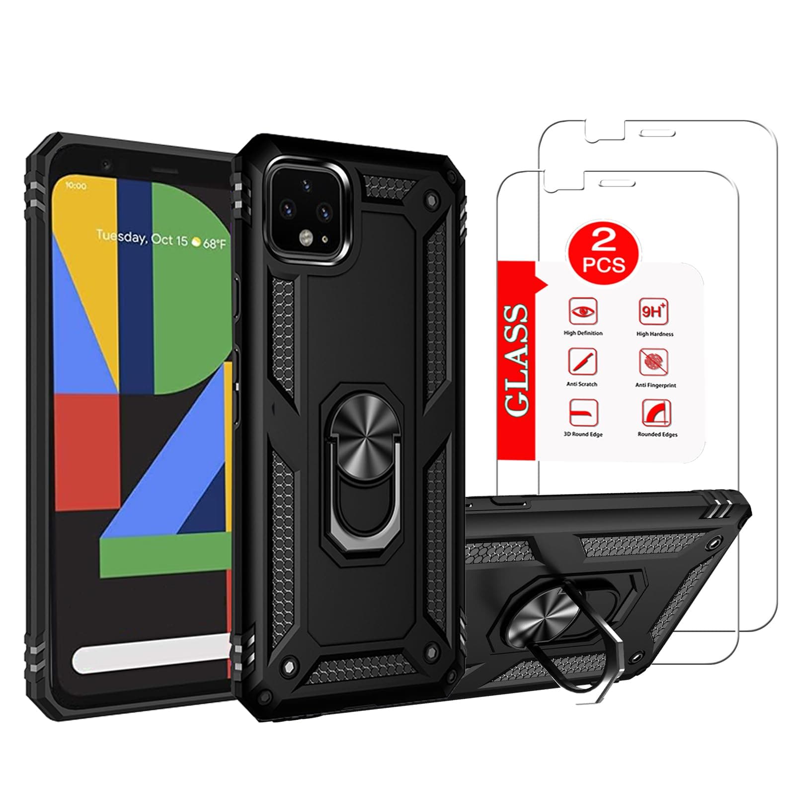 for Google Pixel 4 XL Case with [2 Pack] Tempered Glass Screen Protector, for Google Pixel 4XL Case [Military-Grade] Protective，with Magnetic Ring Stand Phone Cover Black