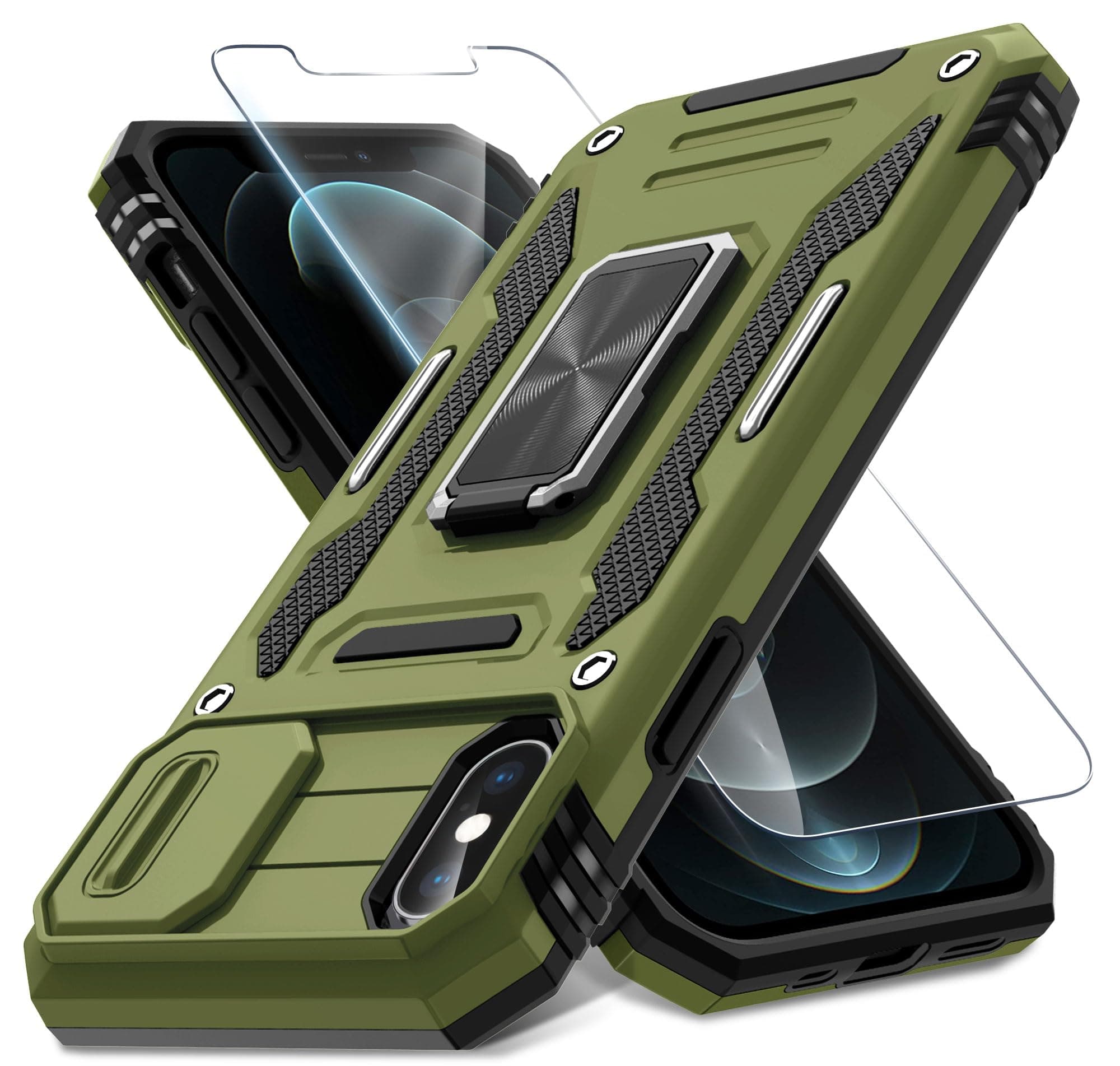 DEERLAMN Case for iPhone X/XS with Slide Camera Cover+Screen Protector,Rotated Ring Kickstand Military Grade Shockproof Protective Cover 5.8 Inch-Olive Green