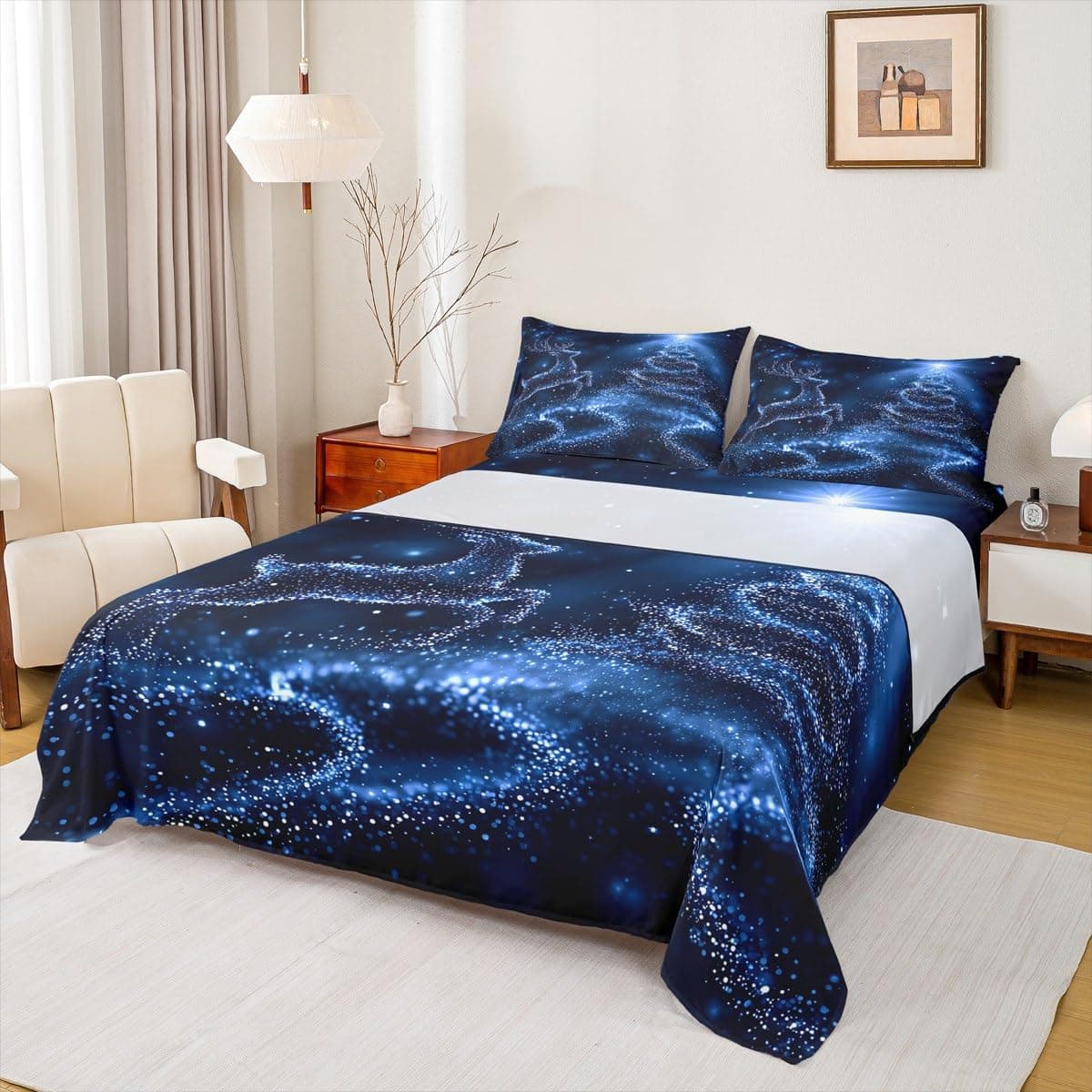 Castle Fairy Christmas Tree Bed Sheets Kids Boys Glowing Reindeer Sheet Set 3 Pcs Child Sheets Set + Deep Pocket Fitted Sheets + Blue Glitter Flat Sheet 1 Pillow Sham,Twin Size