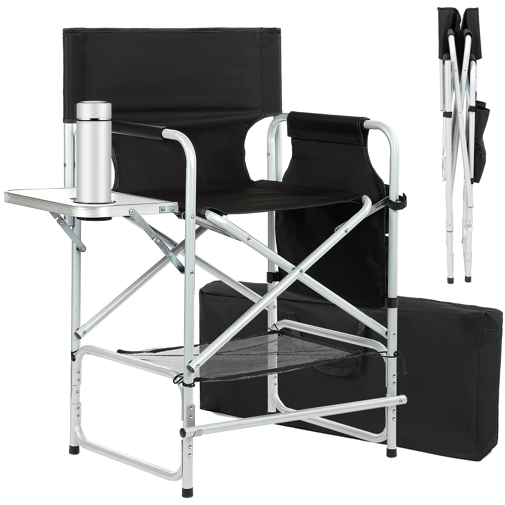 ZIXNEXKOO Tall Makeup Chair 41'', Director Chair 600 lbs Foldable Portable, Makeup Chair for Makeup Artist with Table, Cup Holder, Storage Bag & Footrest