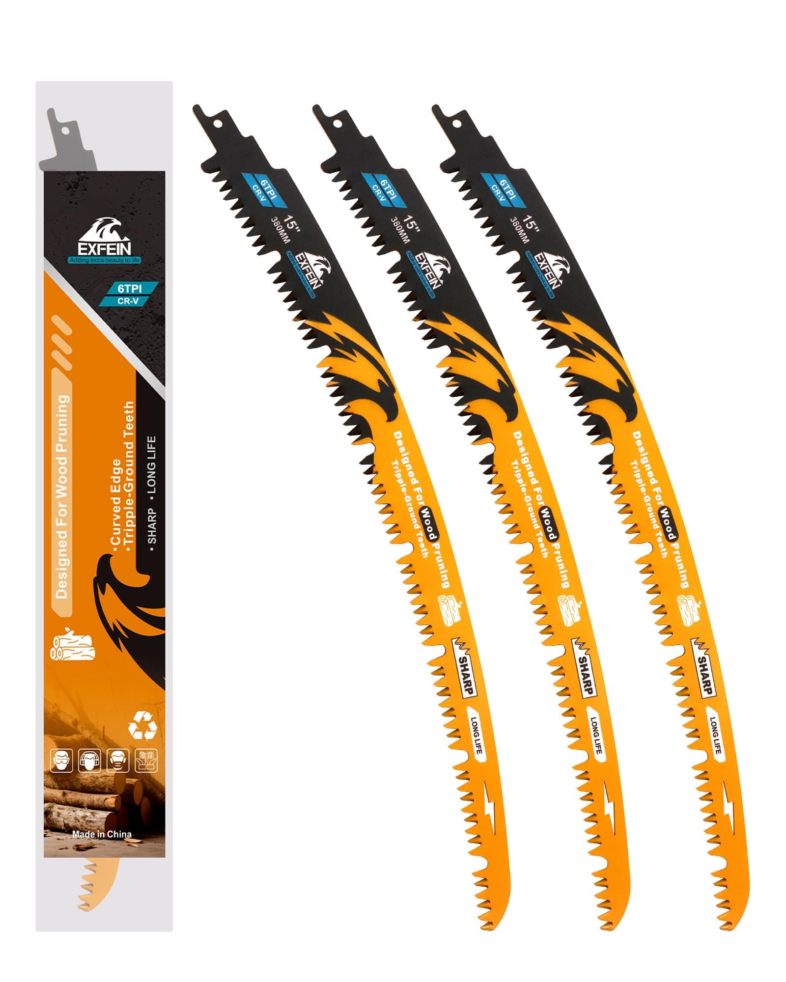 EXFEIN Japanese Teeth Reciprocating Saw Blades 15 Inch (380mm), Arc Edge Wood Pruning Saw Blades 6TPI for Tree Trimming, Wood Cutting, 3 Pieces