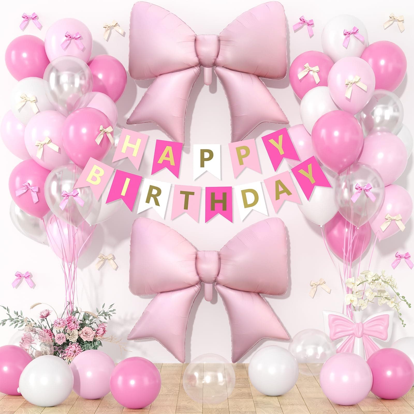 Pink Bow Birthday Decorations, Pink Happy Birthday Banner with Satin Ribbon Mini Bow Decoration, Light Pink Bow Foil Balloons and White Clear Balloon for Girls and Women