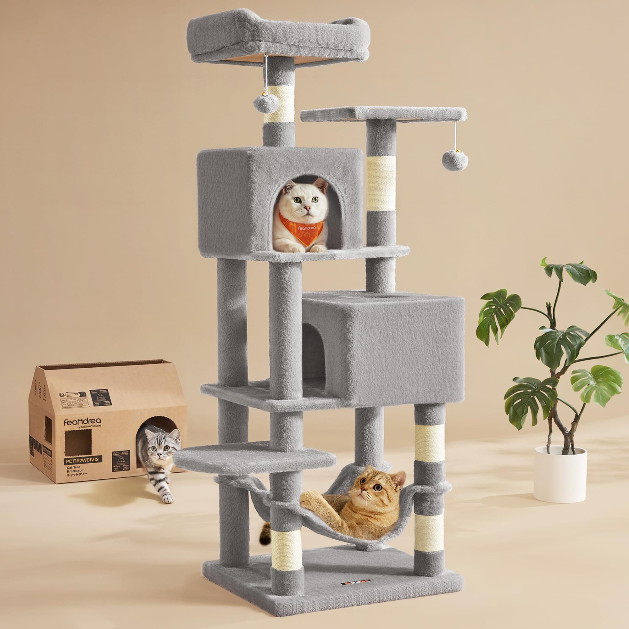 Feandrea Cat Tree, 59.5-Inch Tall Cat Tower, Multi-Level Condo, Light Gray