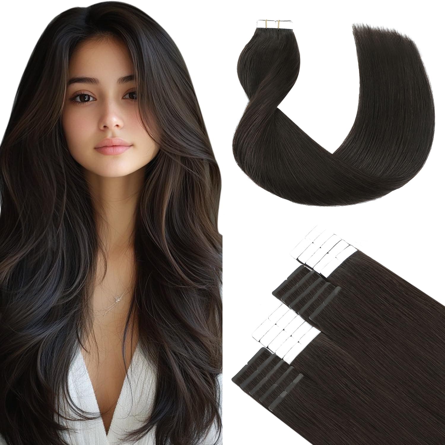 SURNEL Tape in Extensions Human Hair 16 inch #2 Darkest Brown Tape in Hair Extensions 20 pcs 50g(#2-16)