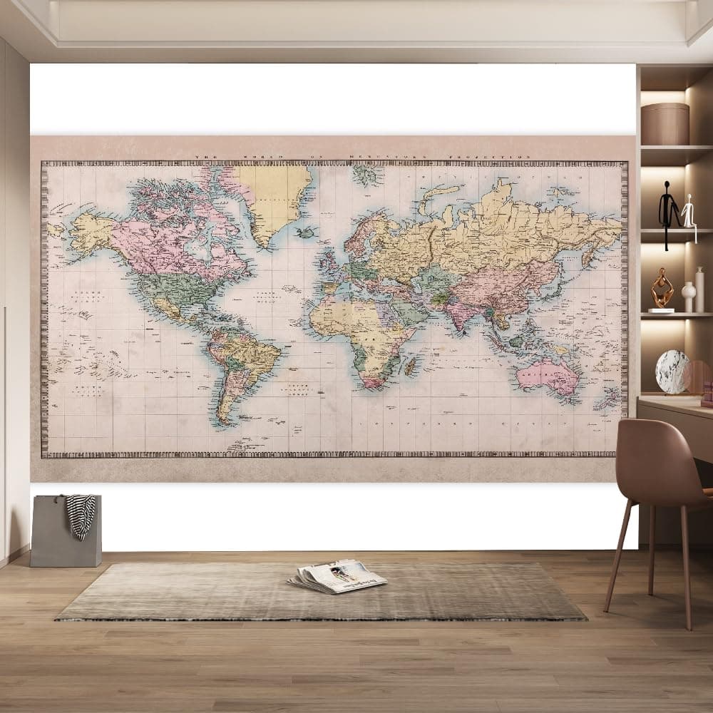 LXPPYF World Map 3D Murals Wallpaper, Classic Retro Warm Design Wall Mural Art Deco Wallpaper, for Living Room Tv Background, Not Peel and Stick (Not Self-Adhesive)122x91cm