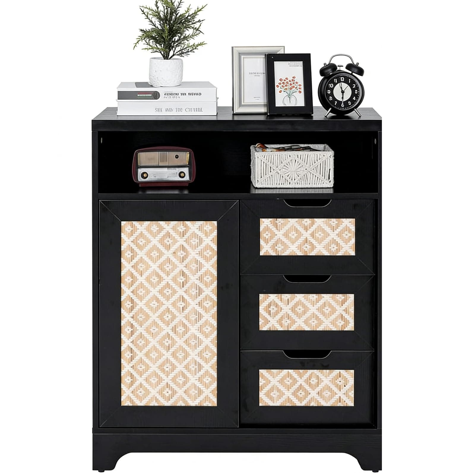 ALBAD Boho Chic Rattan Sideboard Buffet Cabinet with Sliding Doors & Drawers, Farmhouse Credenza Coffee Bar Storage Console Table for Kitchen, Living Room, Entryway, Dining Room (Black)