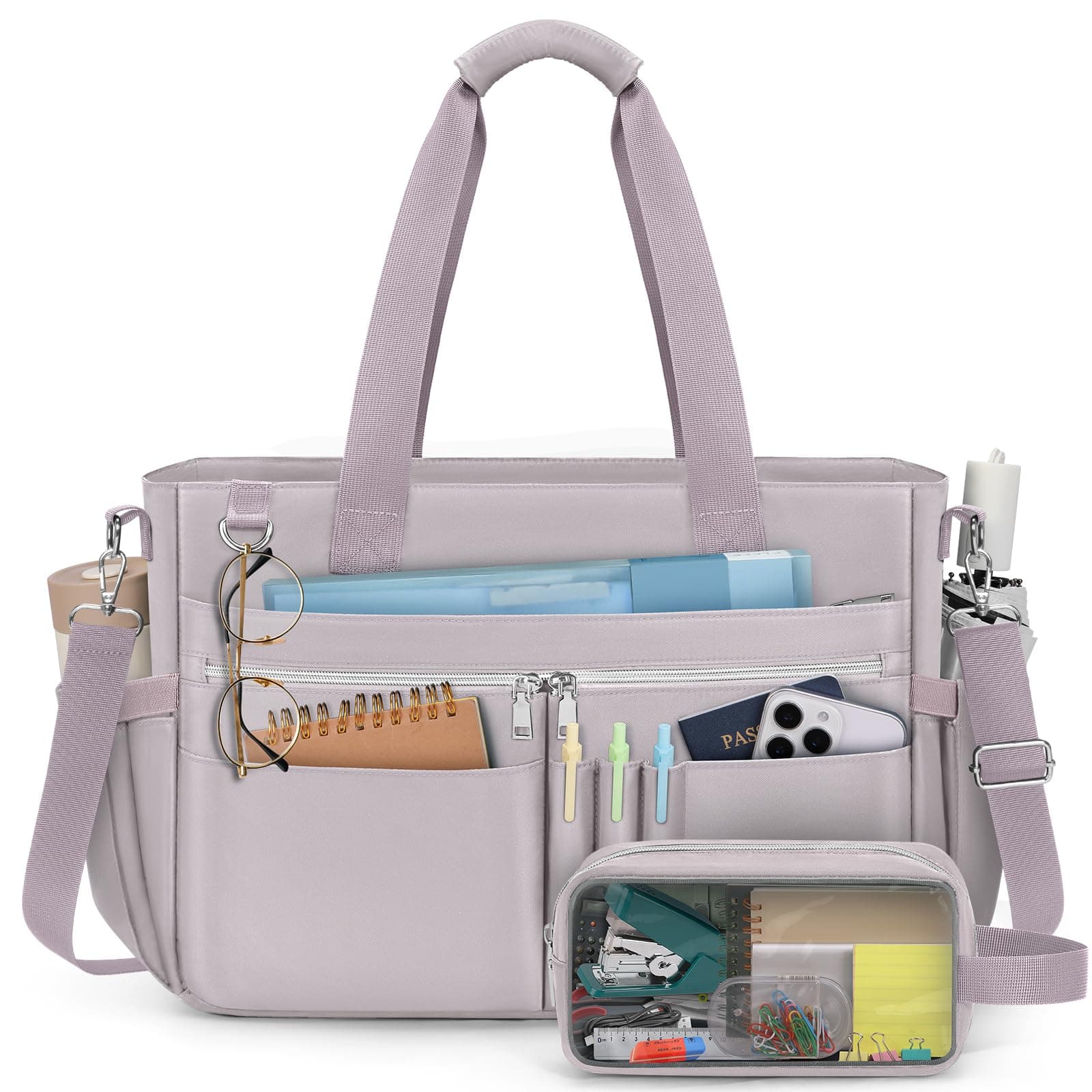 RAINSMORE Teacher Tote Bag for Women 15.6 Inch Laptop Briefcase with Clutch Bag, Nurse Bags Professional Work Handbag for Office College Nursing, Large Utility Tote Messenger Shoulder Bag, Grey Pink
