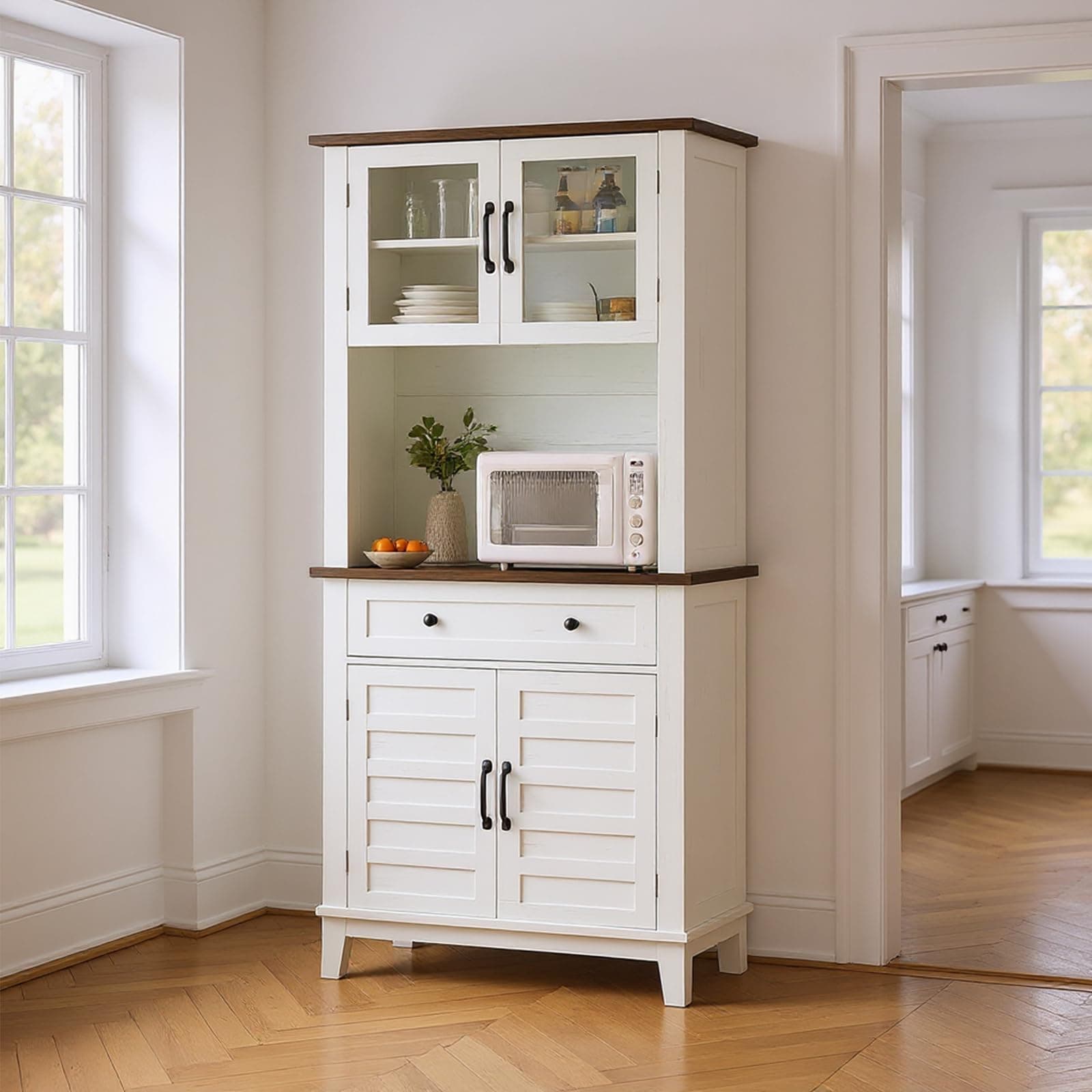 EcoSummer Pantry Cabinet with Charging Station, Tall Kitchen Pantry Storage Cabinet with Microwave Stand, 2 Glass Doors for Living Room, Dining Room
