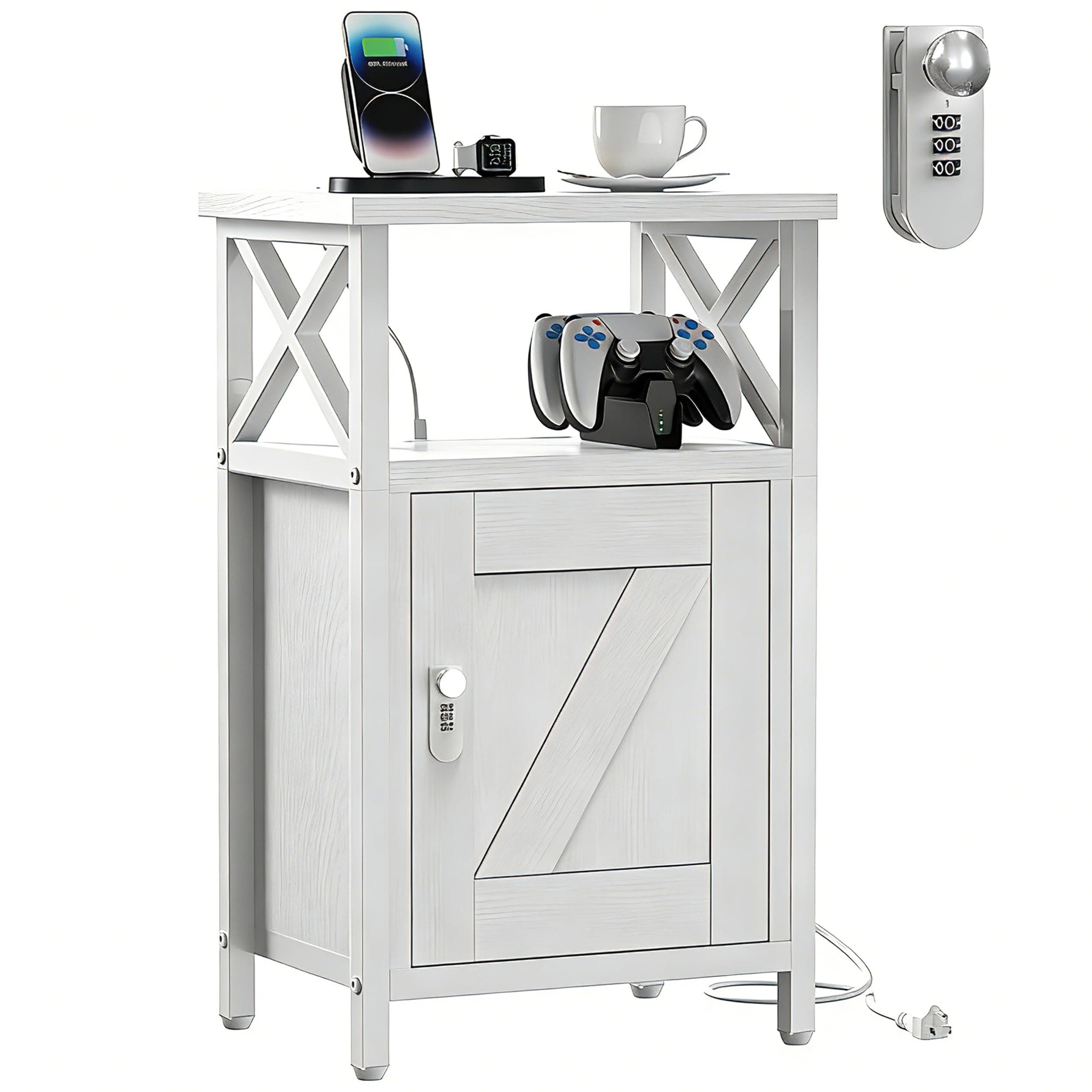 runjuly Walnut Nightstand with Lock, Bed Side Table with Drawers, Bedside Table with Charging Station, 3 USB & 2 Outlets, Night Stand with Storage, End Tables for Living Room, Bedroom, Dorm, White