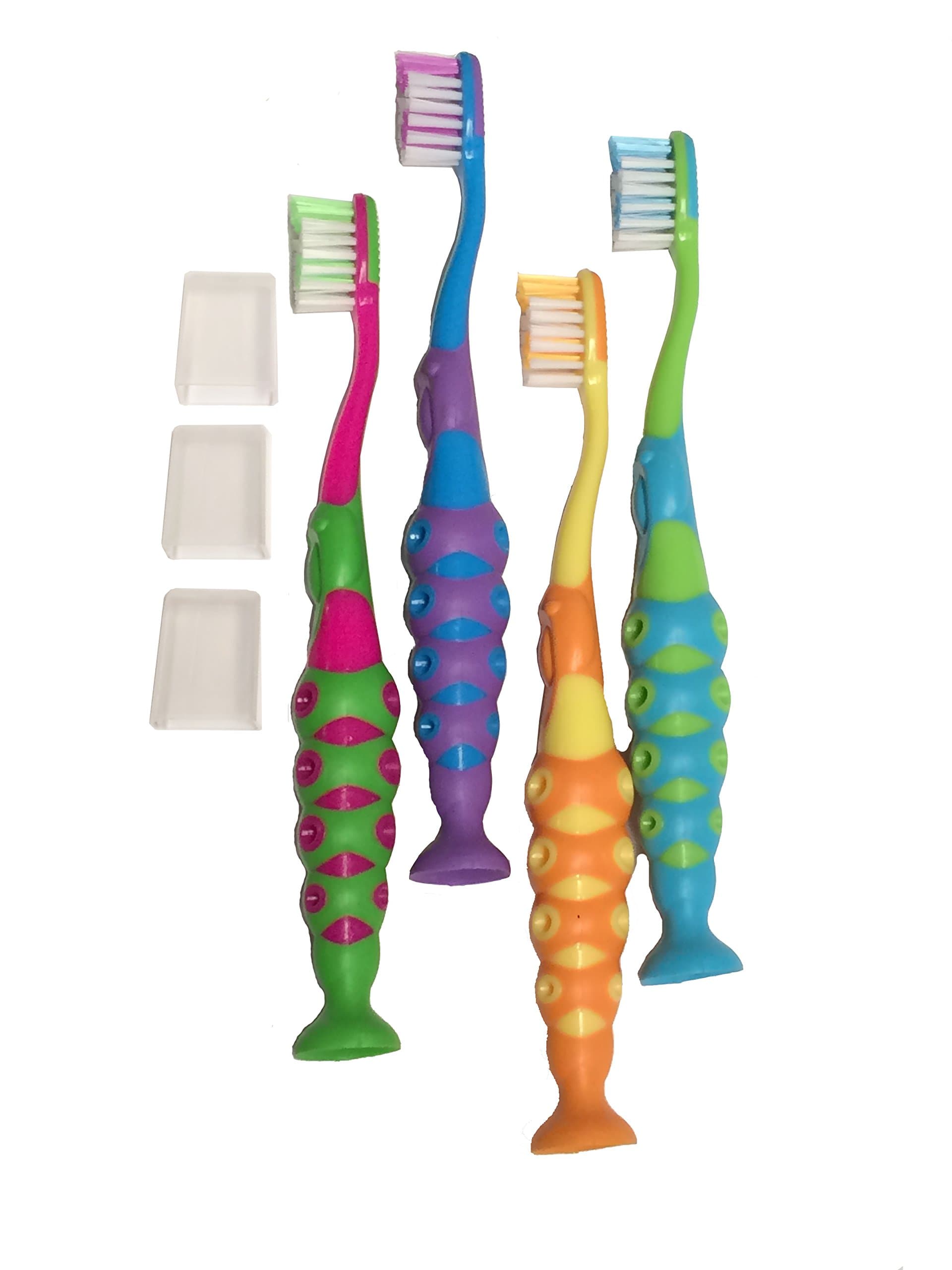 4-Pack of Kids Childrens Toddler Soft Bristle Easy Grip Toothbrush Set w/ Suction Base and Travel Dust Covers