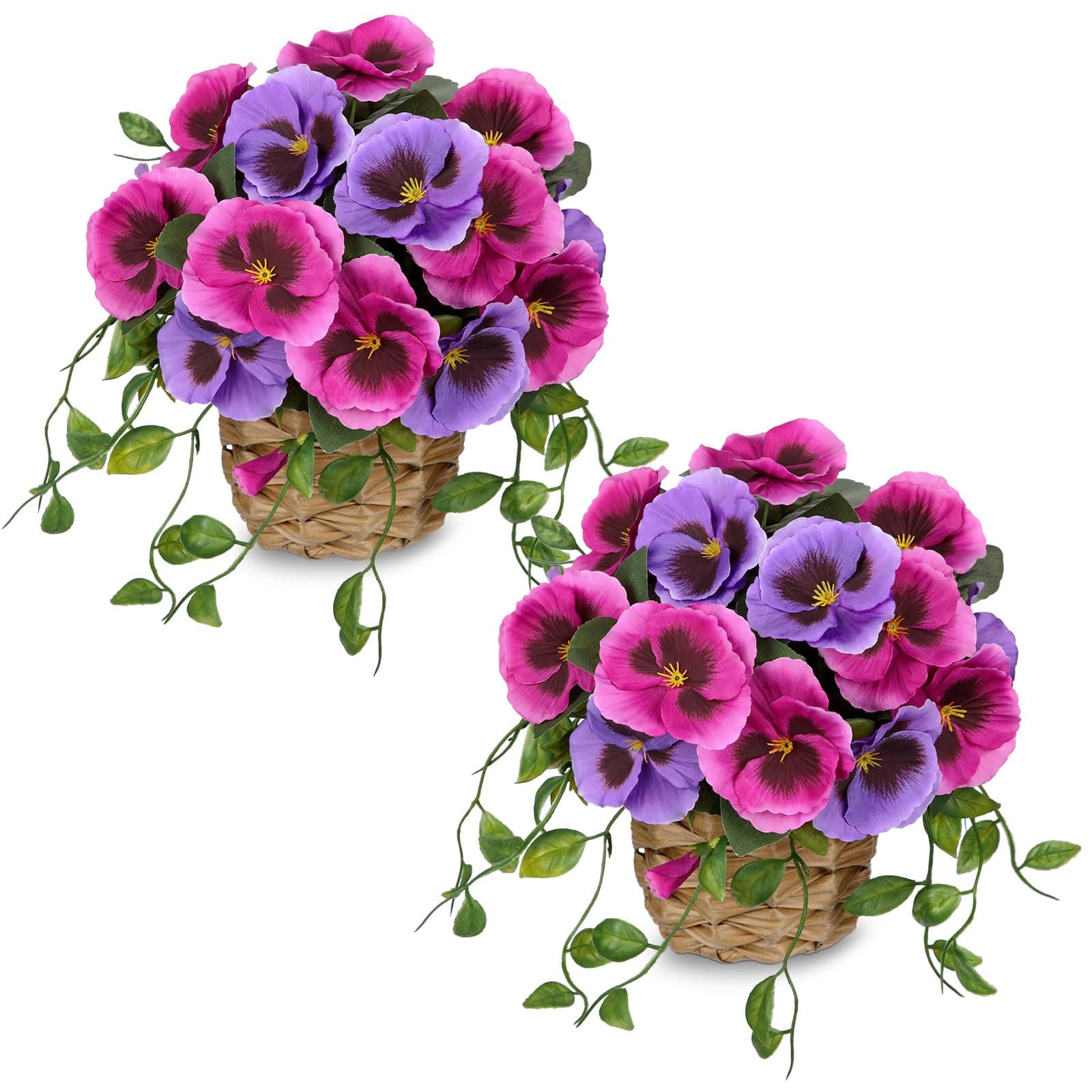 Briful Artificial Pansy Flowers in Baskets, 2PCS Realistic Fake Flowers for Farmhouse Table Decor, All Seasons Faux Indoor Flowers for Home Kitchen Living Room Dining Shelf Decor, Purplish-red