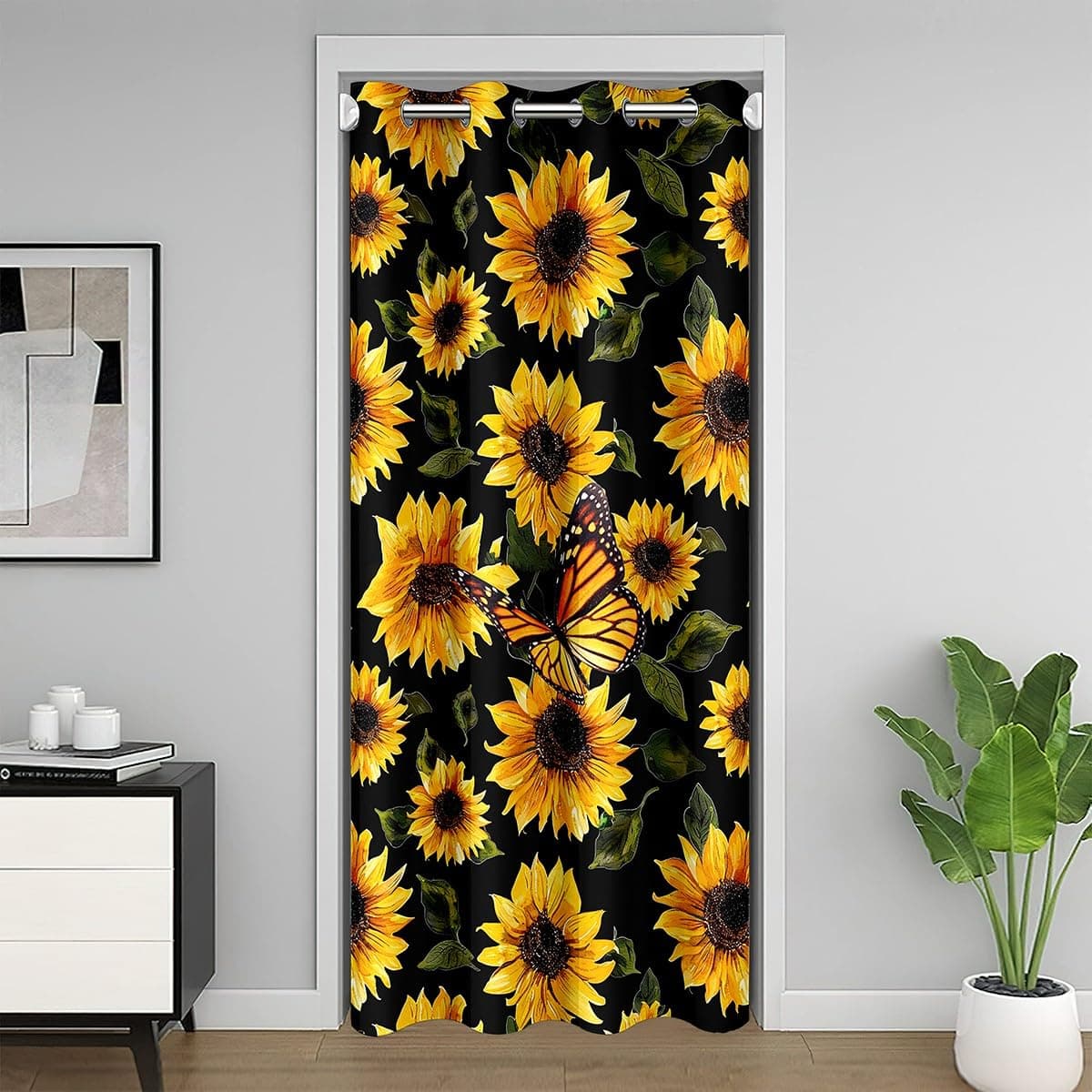 Jejeloiu Sunflower Doorway Privacy Curtain - Insulated Thermal for Bedroom, Living Room - Floral Butterfly Door Cover With Sunflowers - 52"x80" 1 Panel