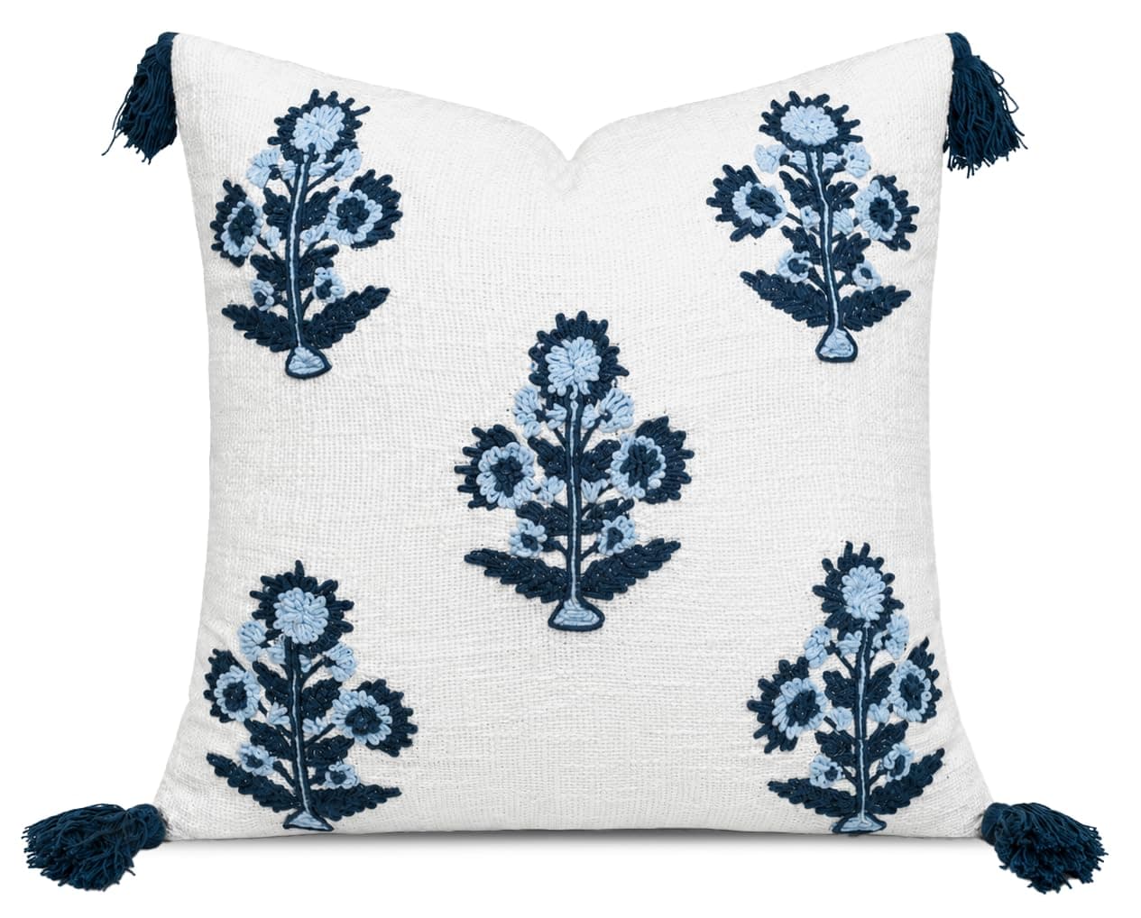 YugTex Blue Floral Hand Embroidered 20x20 Throw Pillow Cover - Ivory Cushion Cover for Sofa Couch Living Room - Crewel Grandmillennial Farmhouse Decor - Russell Motif