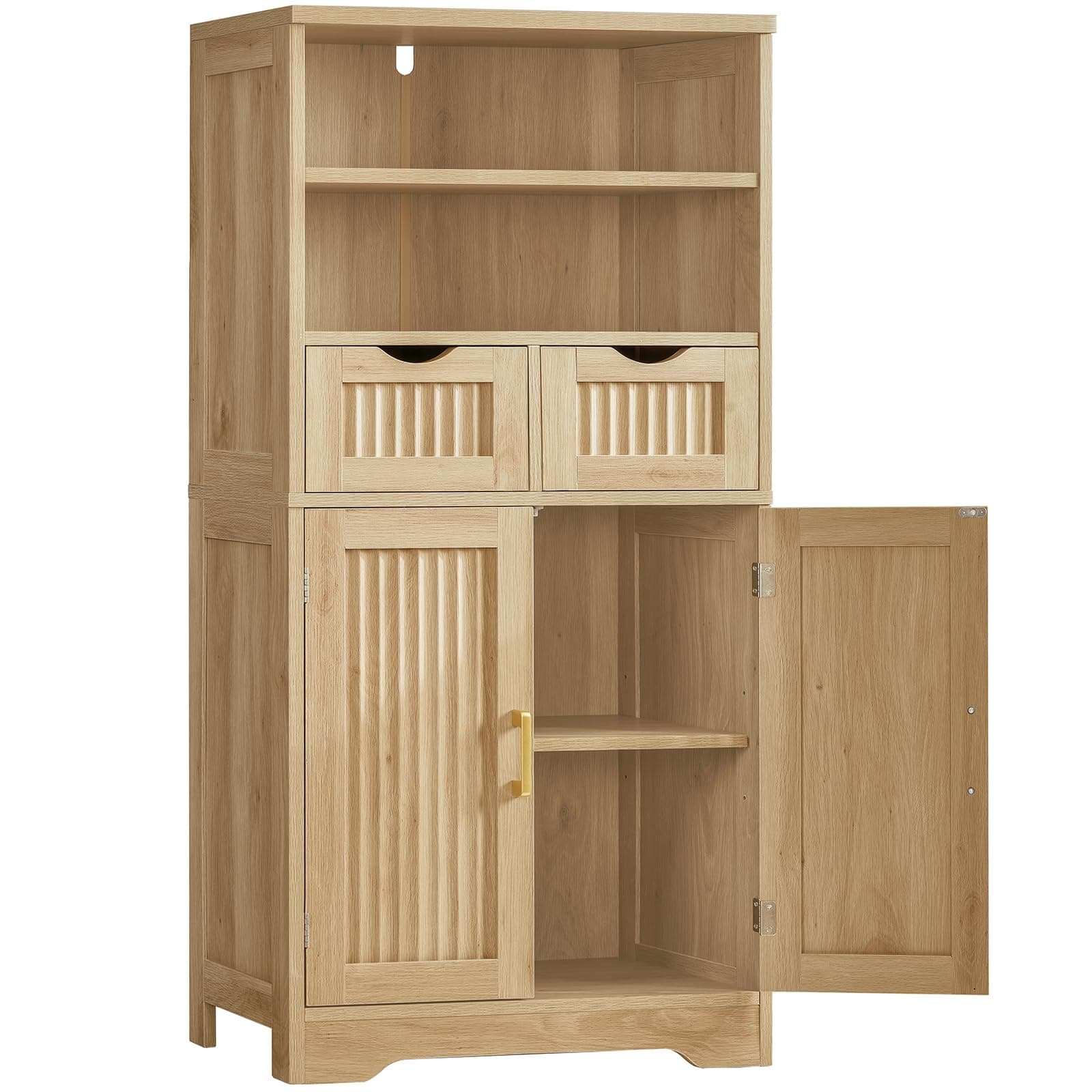 FIONESO Fluted Storage Cabinet with 2 Doors, Bathroom Storage Cabinet with 2 Drawers & 3 Shelves, Pantry Cabinet for Kitchen, Living Room, Natural