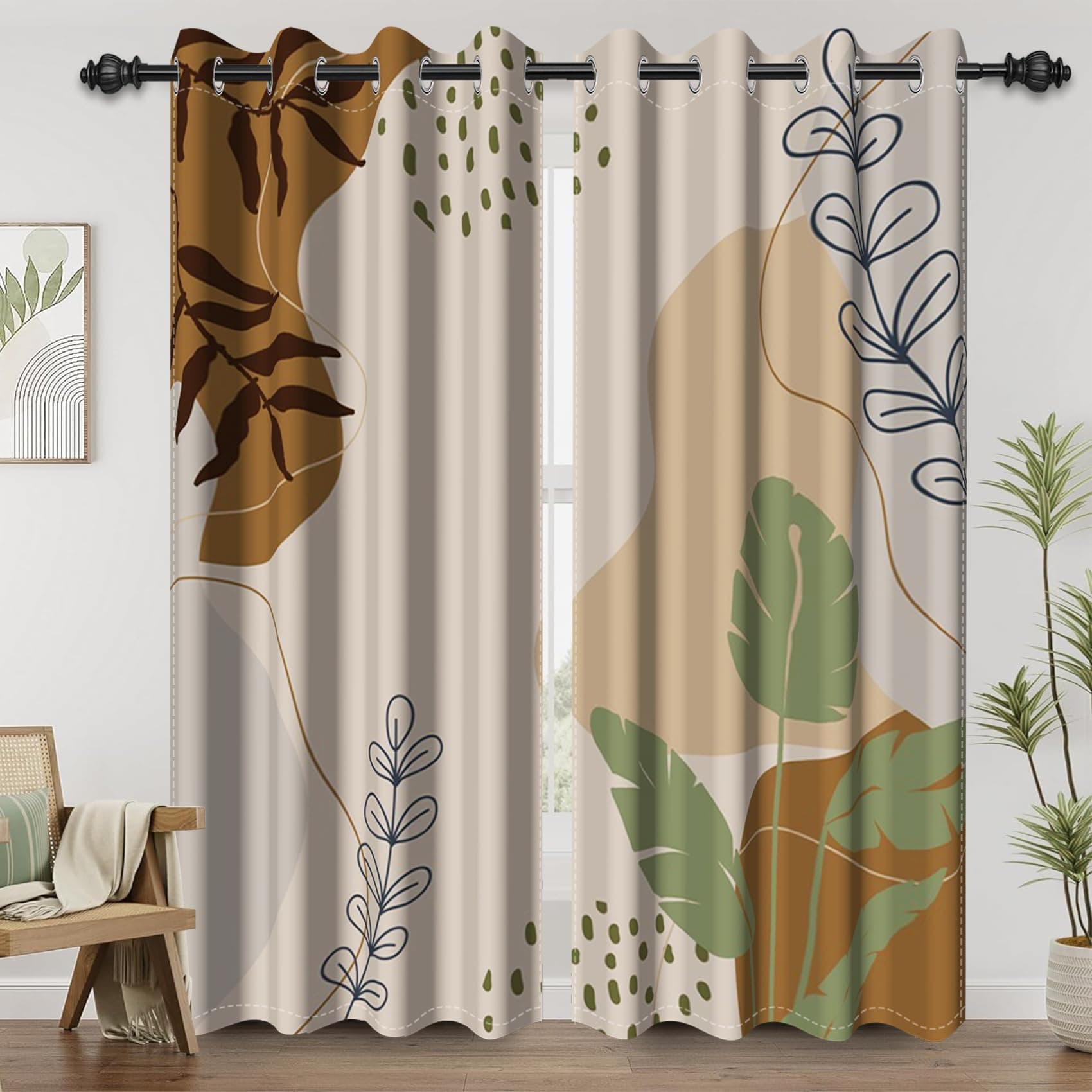 Renaiss Abstract Mid Century Blackout Curtains for Bedroom Boho Tropical Plant Leaves Window Curtain Modern Minimalist Window Drapes for Living Room Decor Curtains 2 Panels Set, 42x63 Inch