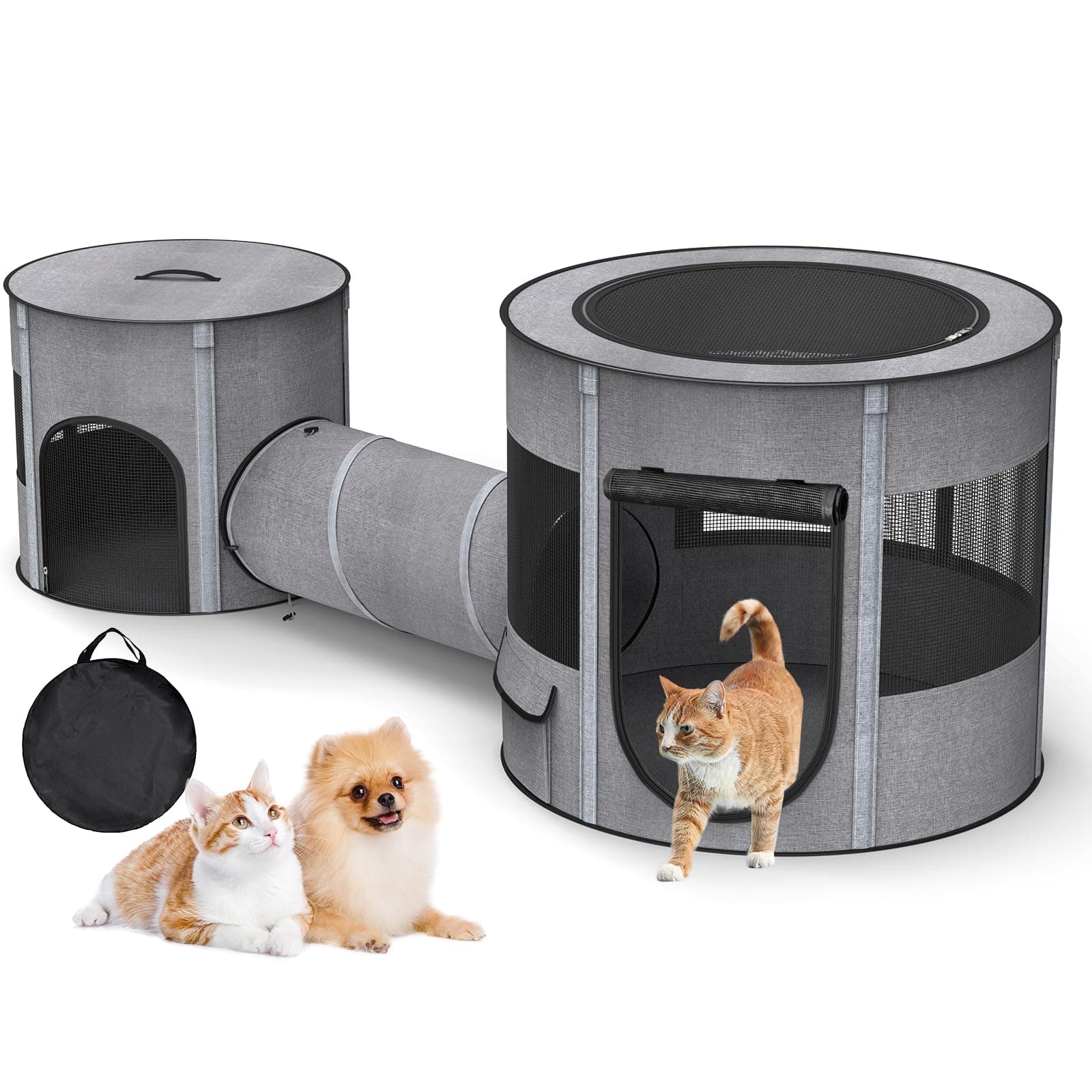 Portable Cat Playpen with Tunnel, 3 in 1 Foldable Puppy Play Pen, Waterproof Bottom, Enclosed 2-Room Separable Pet Tent for Indoor/Outdoor, Multi-Purpose Enclosure Crate Cage for Kitten Dog Rabbit