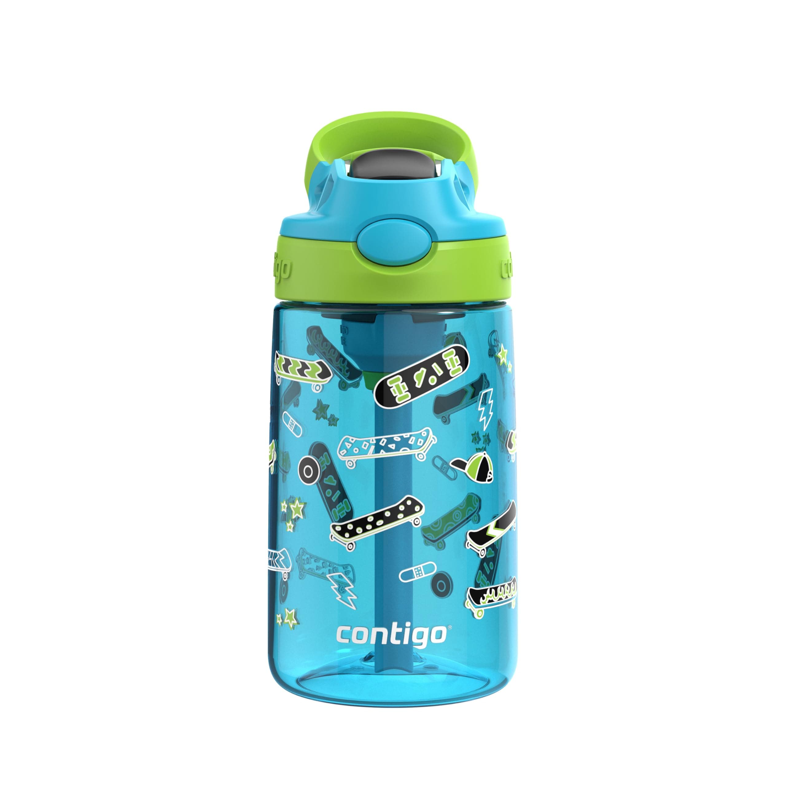 Contigo Kids Aubrey Straw Water Bottle with Leak-Proof Lid, BPA-Free Plastic, Dishwasher Safe, Blue Raspberry Lime Skater, 14 oz (414 mL)