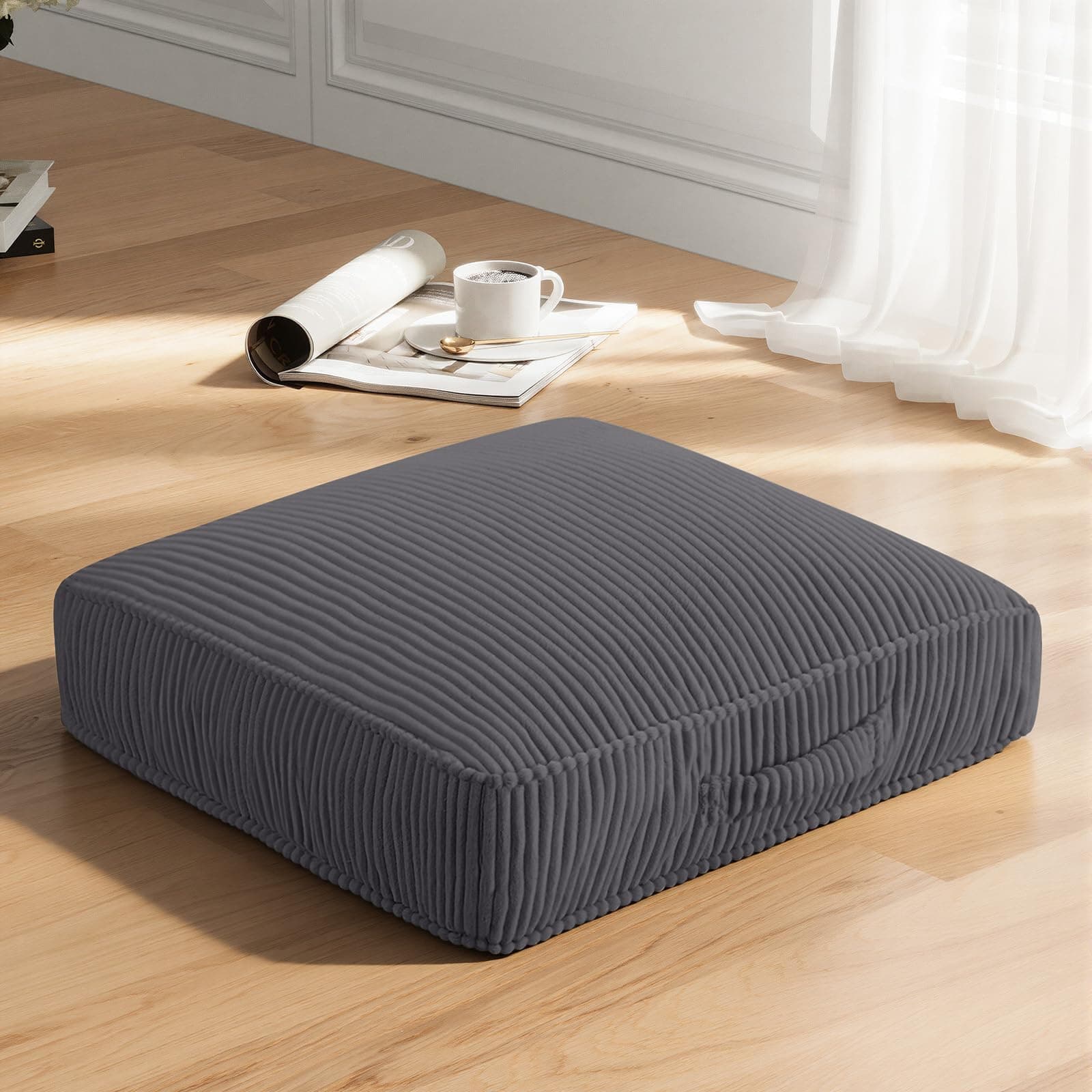 PRIMEPATIO Floor Pillow for Adults, 4" Square Floor Cushions with Washable Cover, Large Corduroy Meditation Pillow, 22 inches Tatami Seat with Handle for Living Room or Yoga, Dark Grey