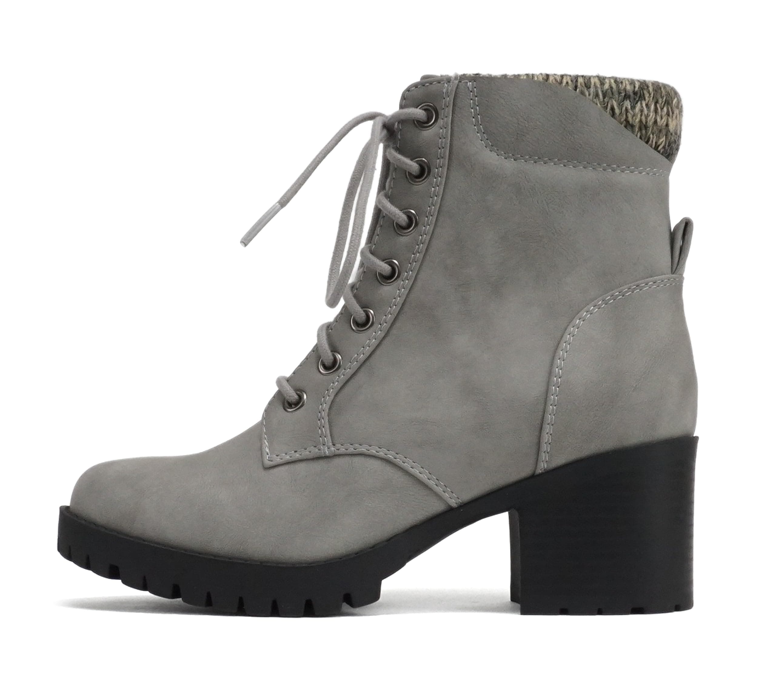 Soda Single Lug Sole Chunky Heel Combat Ankle Boot Lace up w/Side Zipper, Grey Nubuck, 7