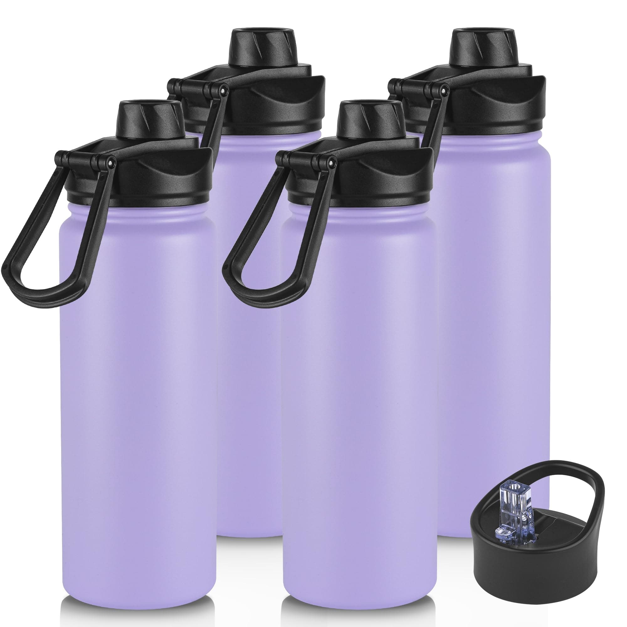 24oz Insulated Water Bottle with Straw Lid, Stainless Steel Metal Water Bottle with Straw & Wide Mouth Lid, Double Wall Vacuum Water Bottle for Hiking Camping, Lavender 4 Pack