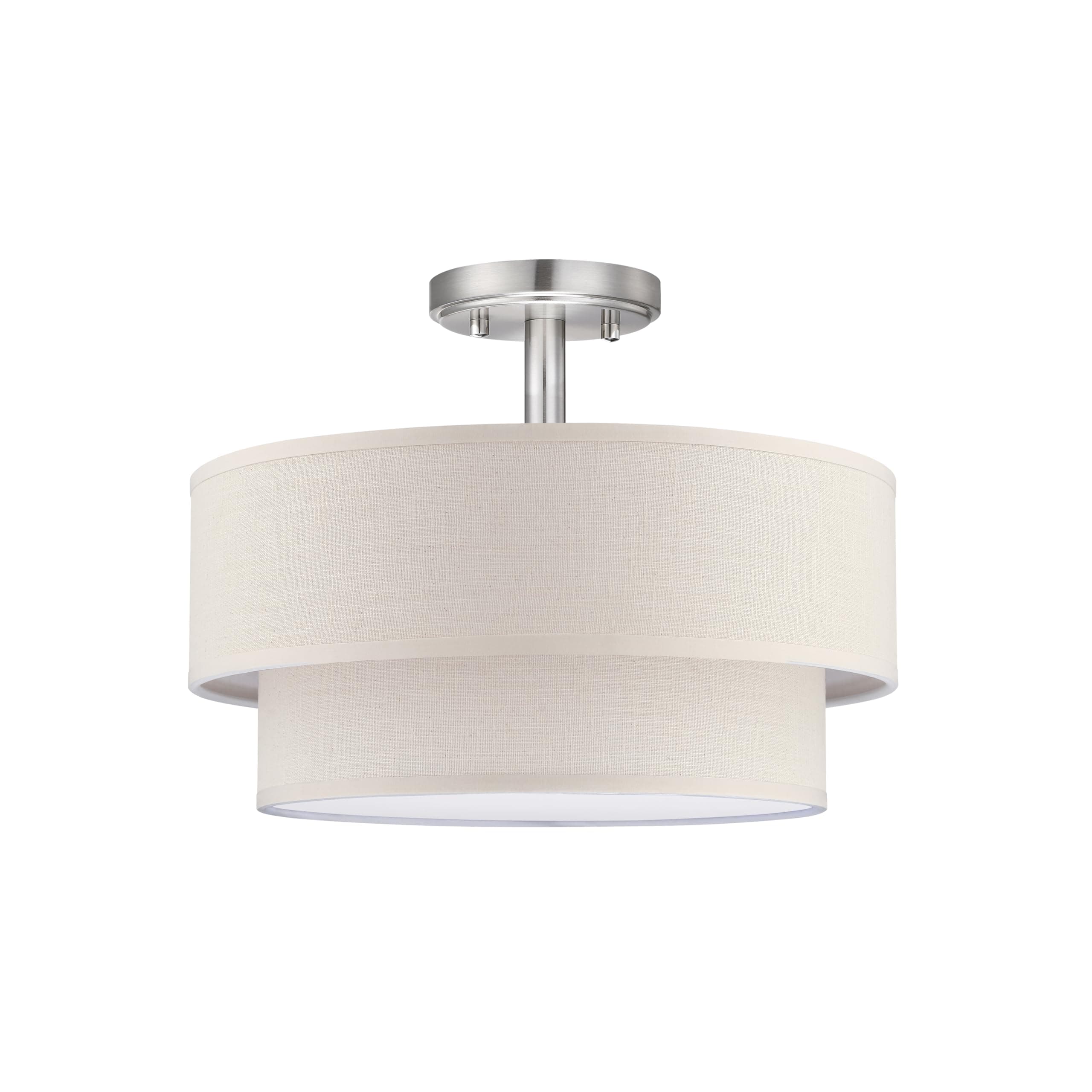 Dolaimi House 3 Lights 12 Inch Semi Flush Mount Close to Ceiling Light Fixture,Off White Fabric Shade Brushed Nickel Finish for Bedroom,Living Room,Dining Room Hallway