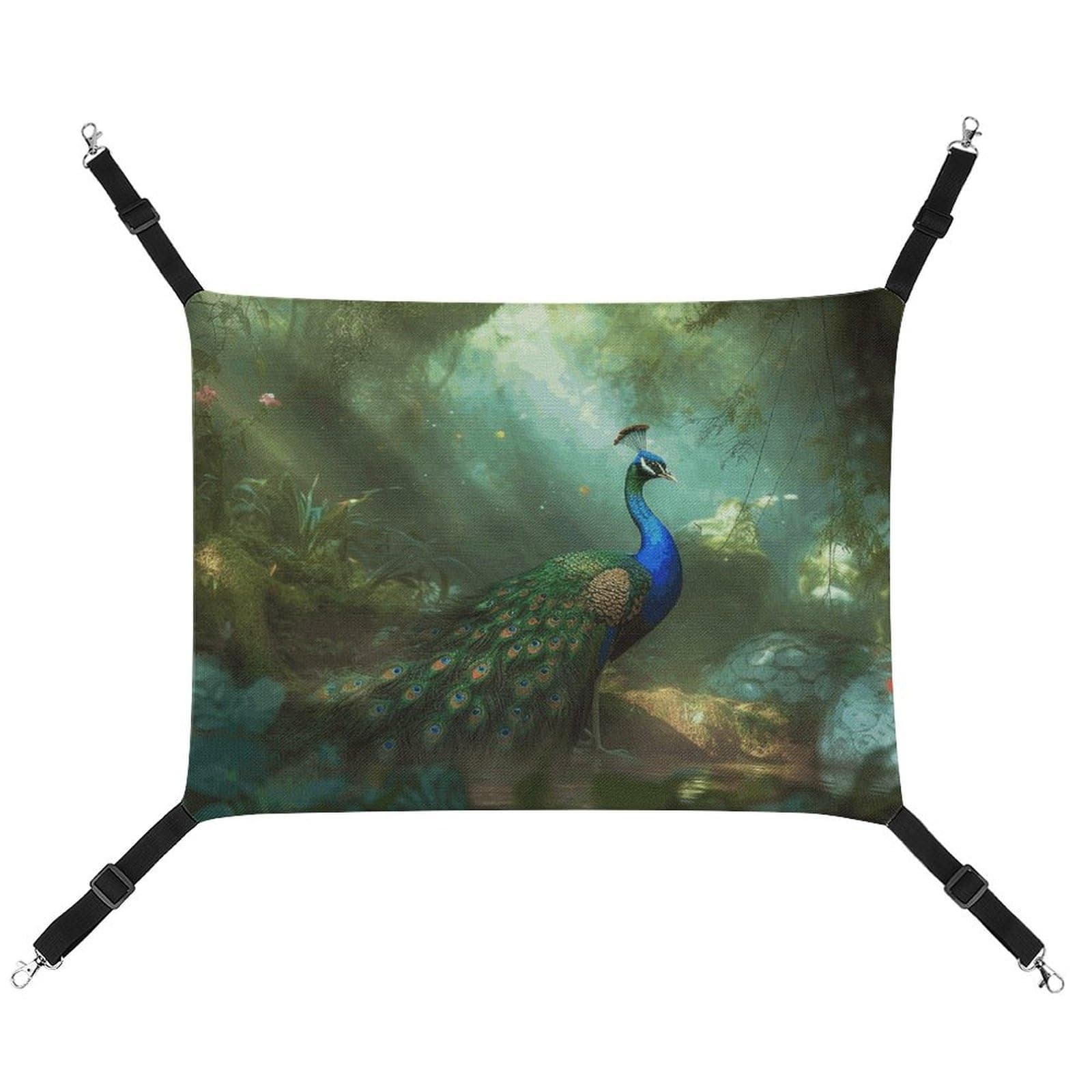 HETVBNS Peacock in Forest Pet Hammock for Cats & Dogs, Soft Breathable Canvas Hanging Hammock with Adjustable Straps, Comfortable & Durable Hanging Bed for Small to Medium Pets