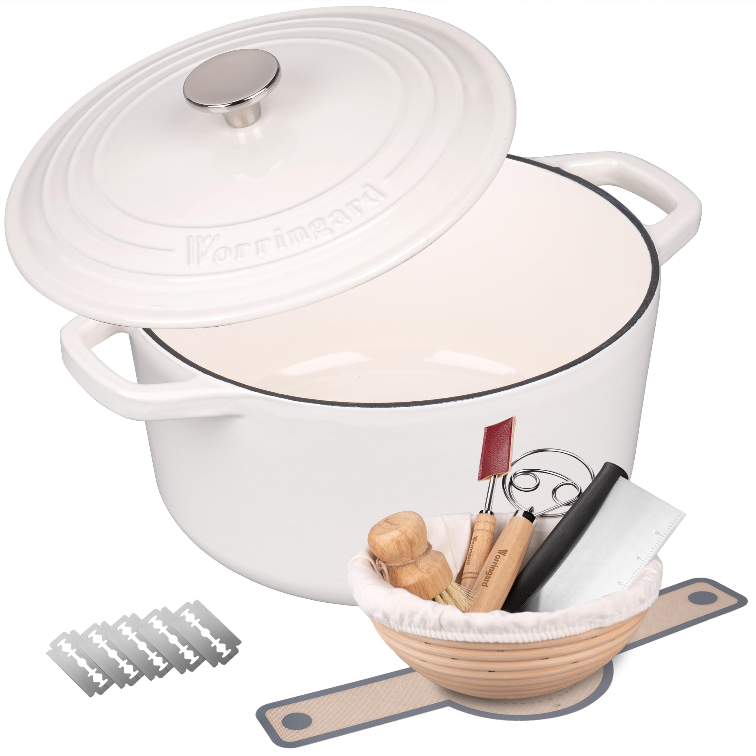VORRINGARD Enameled Cast Iron Dutch Oven Pot with Lid, for Bread Baking, Round Bread Oven- include Sourdough Bread Baking Supplies Set, 6QT, White