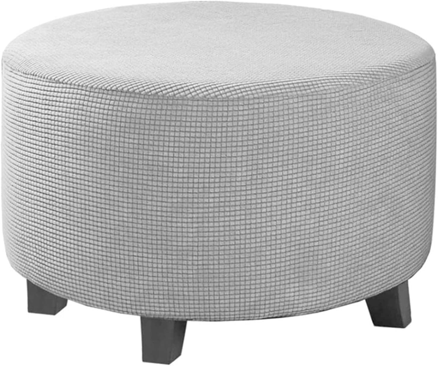 Round Footstool Cover Gray Stretch Ottoman Cover, Fabric Removable Large Stretch Pouffe Cover Anti-Slip Foot Stool Jacquard Slipcovers with Elastic Bottom, Machine Washable