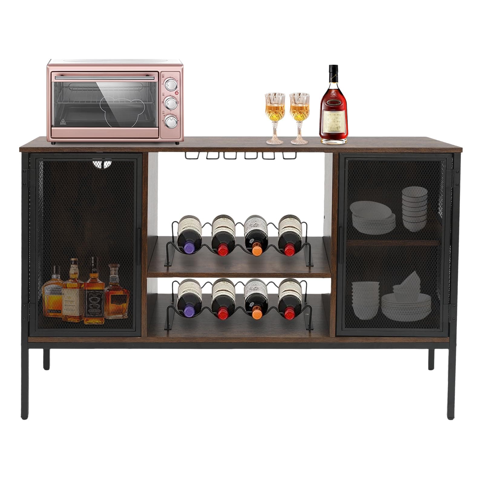 Eleeferri Wine Bar Rack Cabinet with Detachable Wine Rack, Stem Glass Goblet Holder, Industrial Coffee Bar Cabinets with Power Outlets, Small Sideboard Buffet Cabinet with Mesh Door, Rural Brown