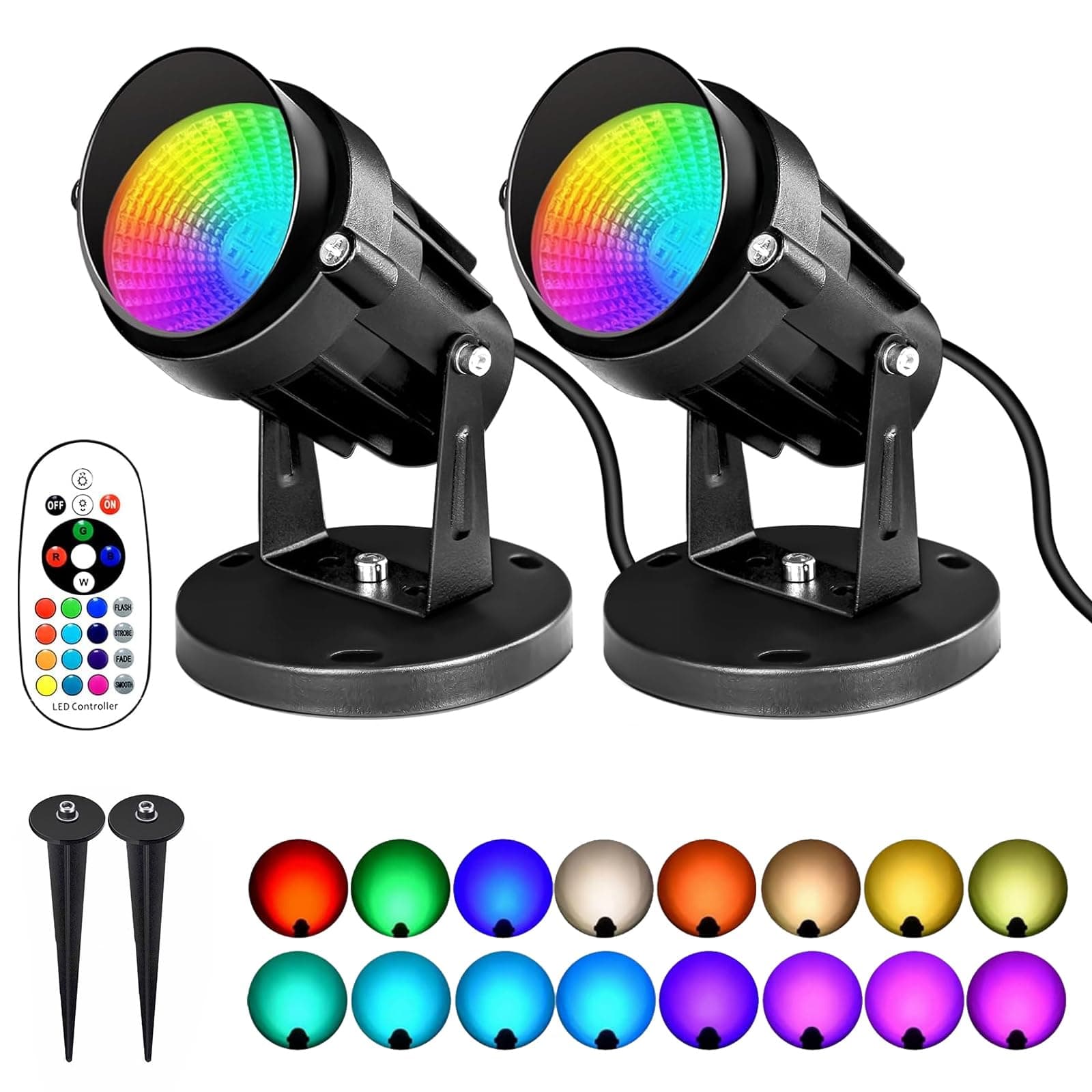 AVEKI 6W RGBW Spot Lights Indoor with Remote, 16 Colors Uplighting Indoor Plug in, Waterproof Spot Lights Outdoor with Base and Stake for Plant Picture Party, 2 Pack (RGB-2, 2 Pack)