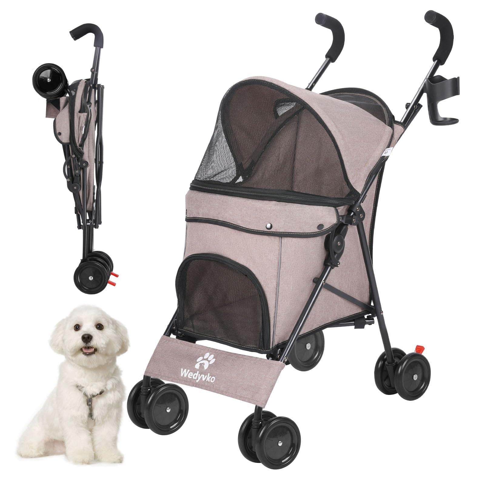 Dog Strollers for Medium Dogs, Folding Puppy Stroller for Small Dogs up to 33 lbs, 4 Wheels with Cup Holder Dog Carts with 360 Rotating Front Wheels for Outdoor Walking (Coffee)