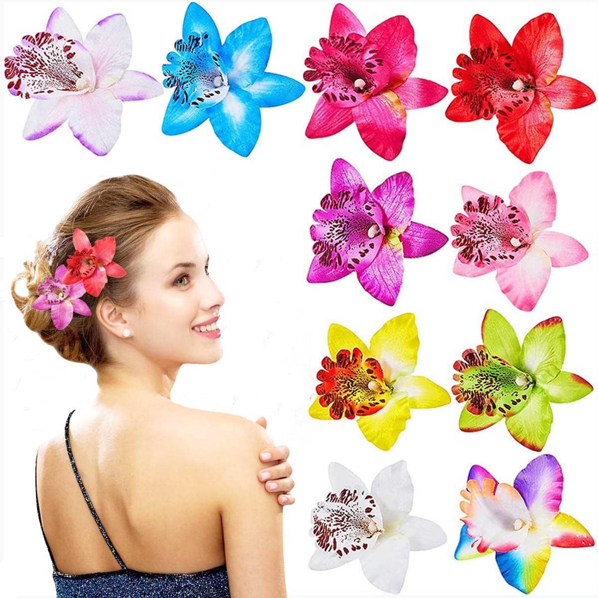Rowcay 10 Pcs Bohemian Flowers Hair Clip, Multicolored Women Big Chiffon Orchid Flower Hairpin Hawaiian Alligator Clips for Bridal Wedding Accessory Beach Party Wedding,Hair Barrette Accessories