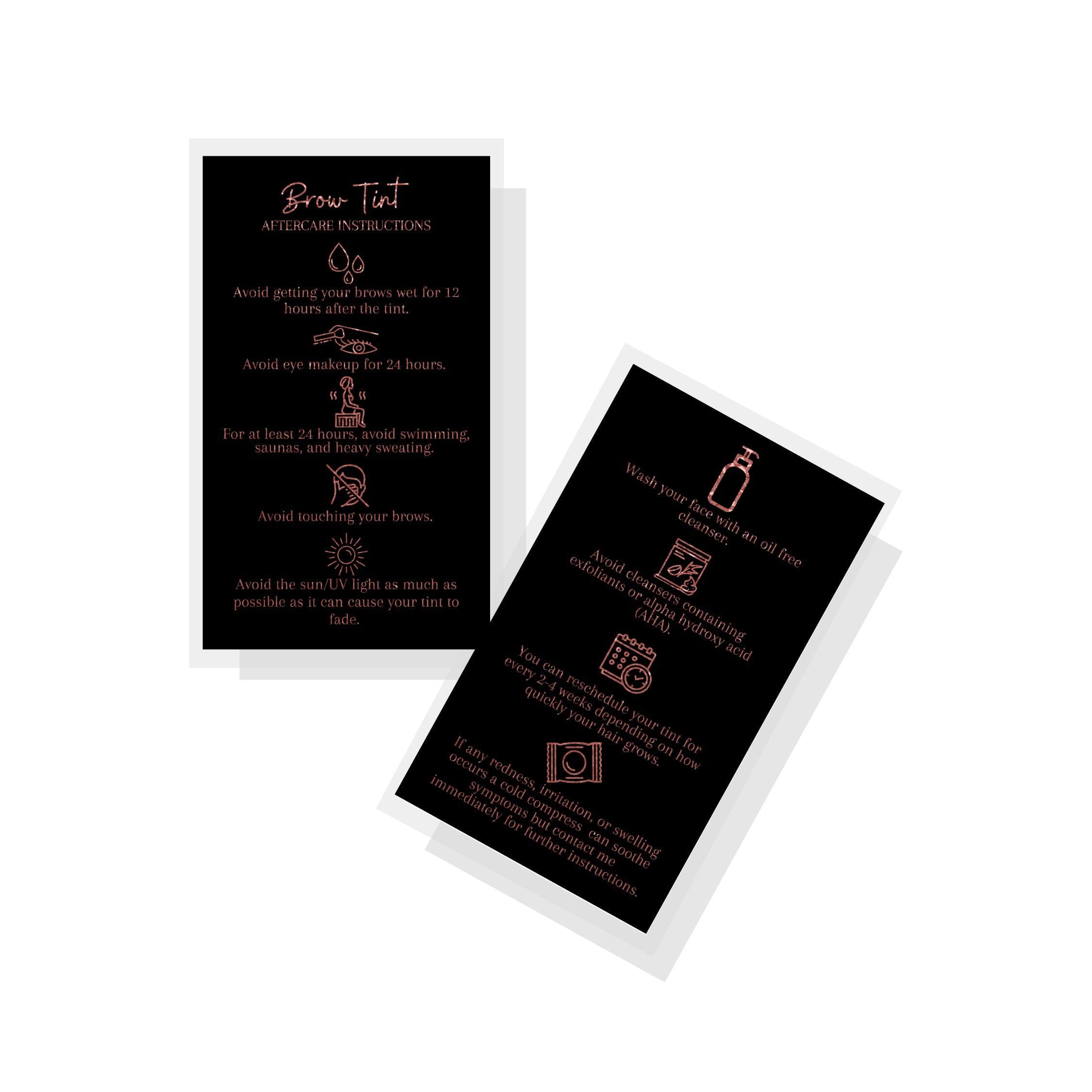 Brow Tint Aftercare Instruction Cards | 50 Pack | 2 x 3.5” inches Business Card Size | Starter Lift Kit with Tint at home diy aftercare supplies | Black with Rose Gold Design