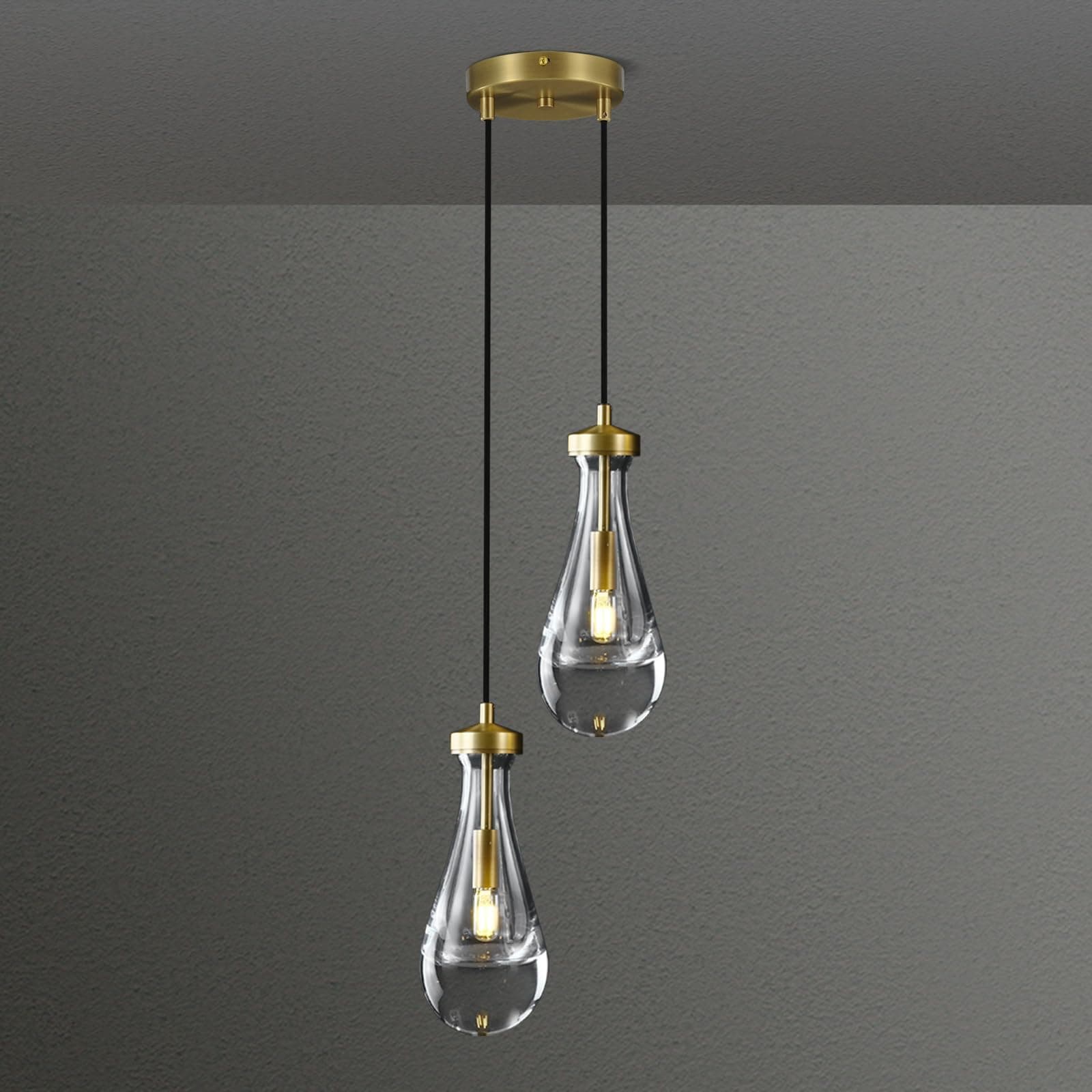 Joyunleo Brass Raindrop Pendant Lights Kitchen Island 2-Light, Cluster Gold Pendant Light Fixture for Bedroom, Dimmable Dining Room Light Fixture Hanging Pendant Lighting Ceiling Chandelier for Foyer