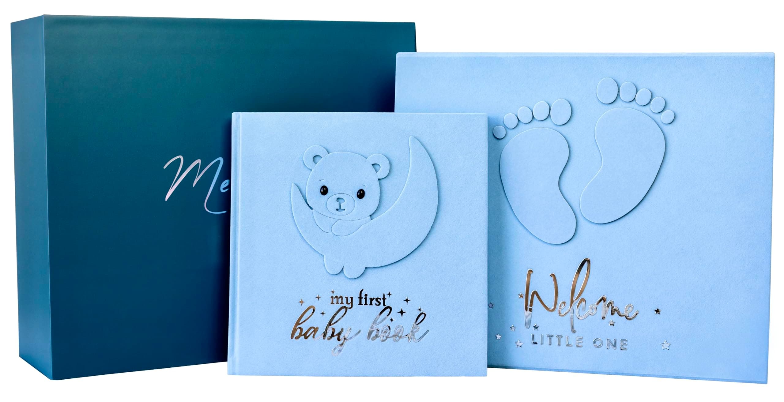 Baby Scrapbook AND Photo Album with Keepsake Box, Hand & Footprint Kit, Baby First Year, Journal, Photo Album for Newborn 0-12 Months, For Newborn (Teddy Bear Boy, Blue)