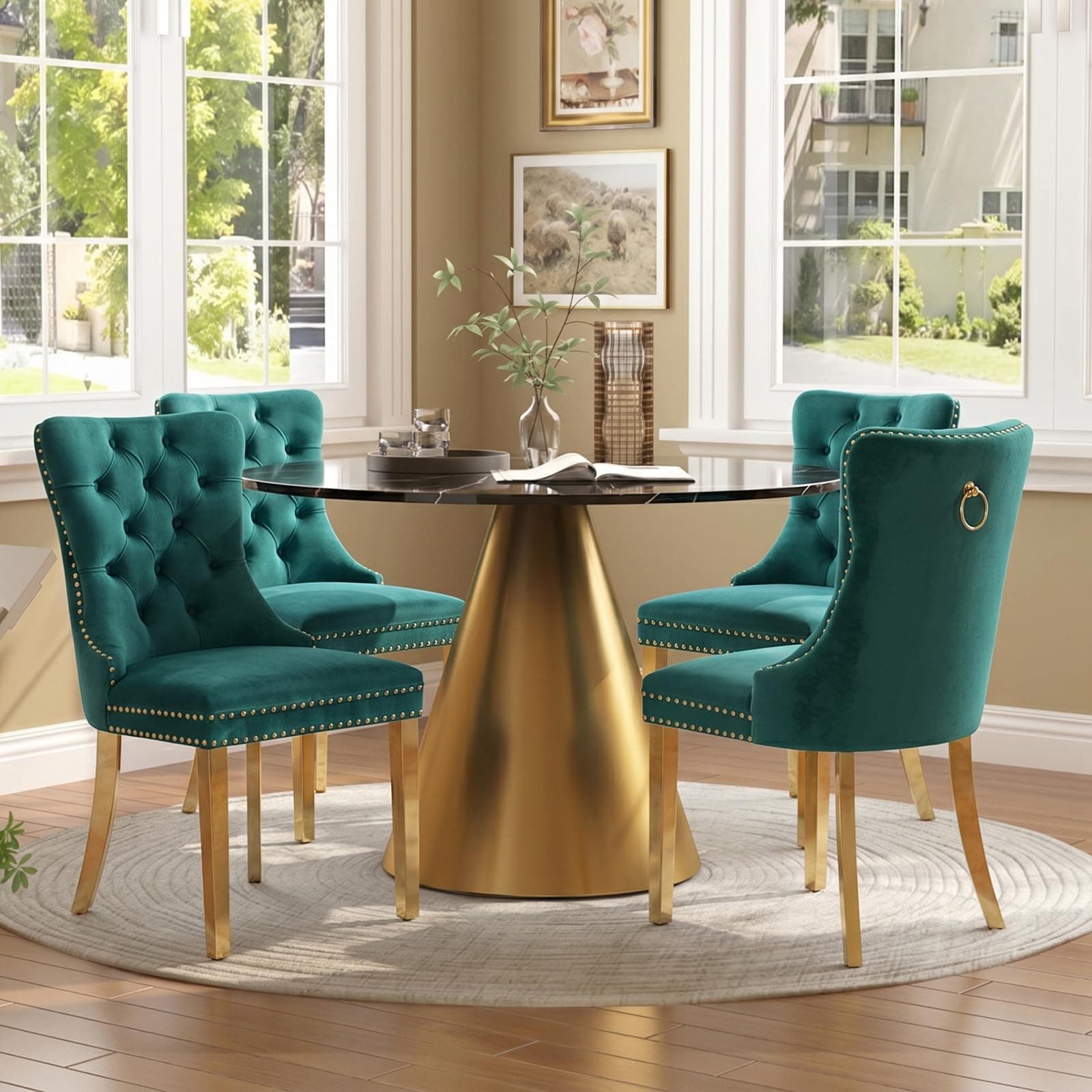 SoarTalent Velvet Upholstered Dining Chairs Set of 4, Modern Style Kitchen Side Chairs with Nailhead Trim and Gold Plated Leg, Metal Pulling Ring for Dining Room Living Room(Green,Set of 4)