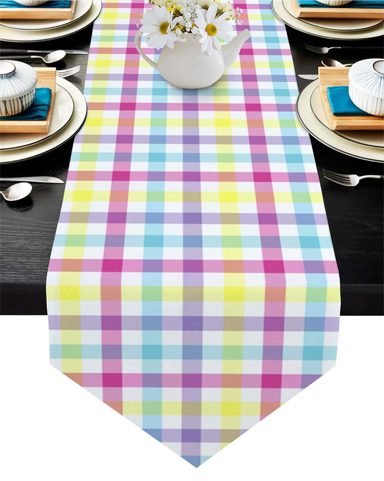 Savannan Table Runner, 18x72 Inch Non-Slip Burlap Coffee Table Runner for Party, Dinner, Holidays, Kitchen, Everyday Table Décor, Happy Easter Spring Colorful Plaid Yellow Blue Pink Purple