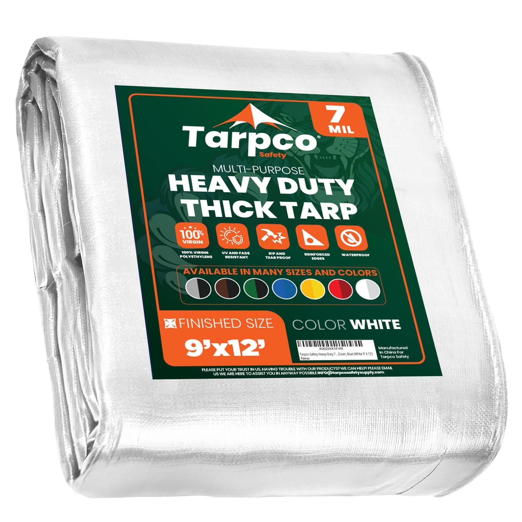 Tarpco Safety Heavy Duty 7 Mil Tarp Cover, Waterproof, UV Resistant, Rip and Tear Proof, Poly Tarpaulin with Reinforced Edges for Roof, Camping, Patio, Pool Cover, Boat (White 9′ X 12′)